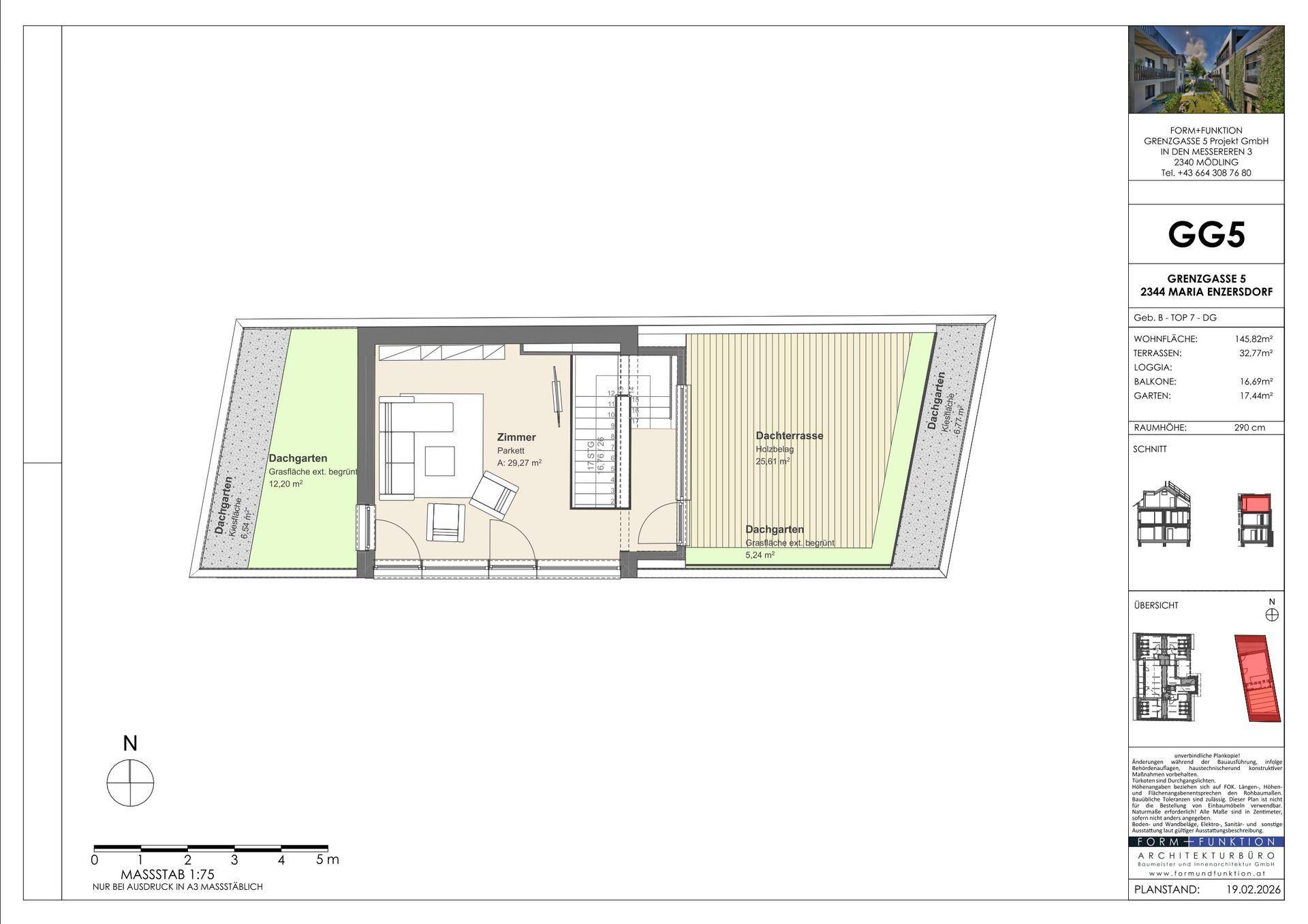 Grundriss der Dachgeschosswohnung mit großer Dachterrasse und zusätzlichen Dachgärten.