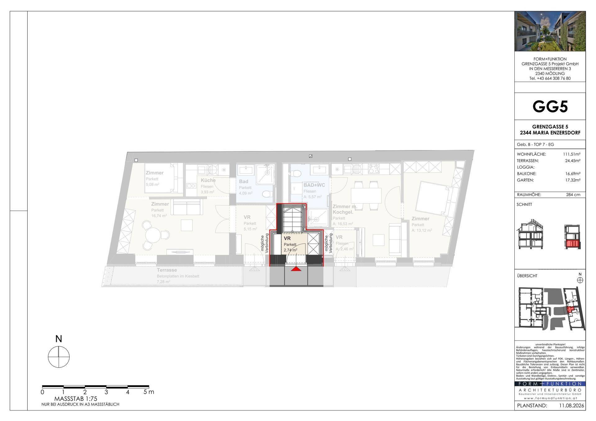 Grundriss des Erdgeschosses mit zwei Wohneinheiten, Terrassen und Gärten.