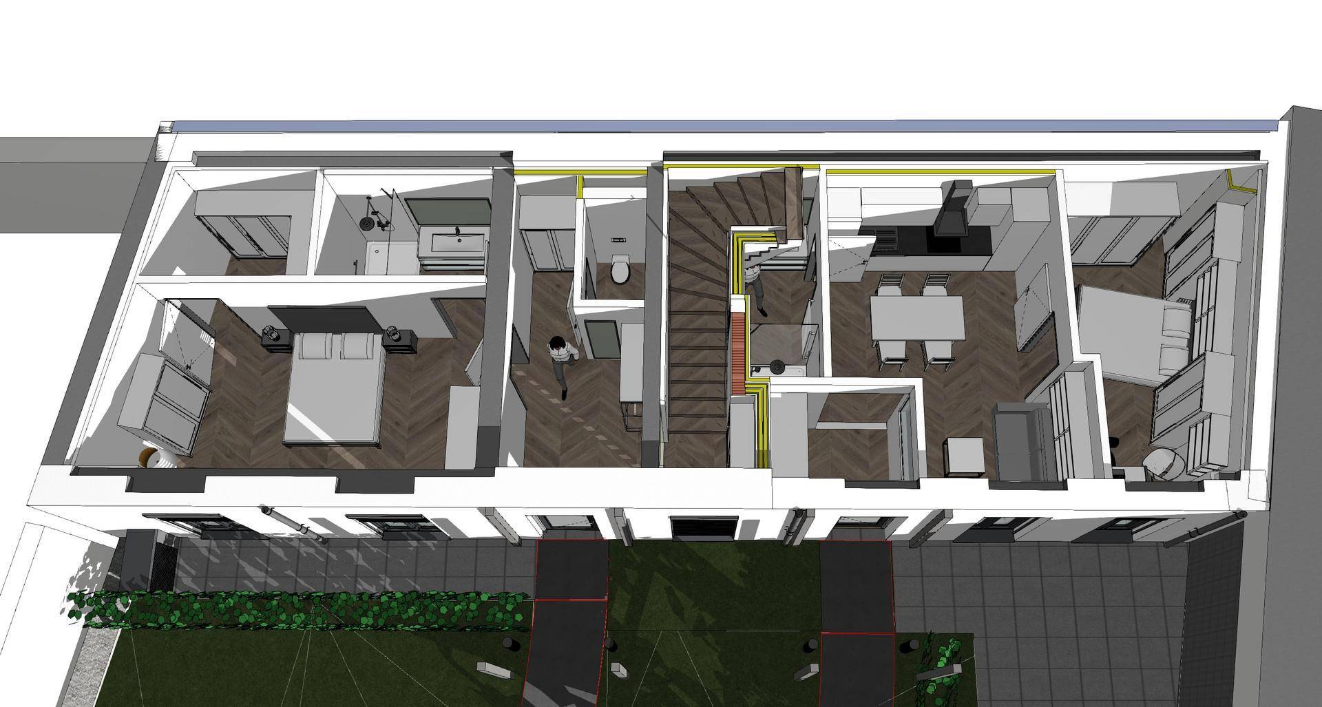 3D-Grundriss einer Wohnung mit offenem Wohnbereich und Garten.