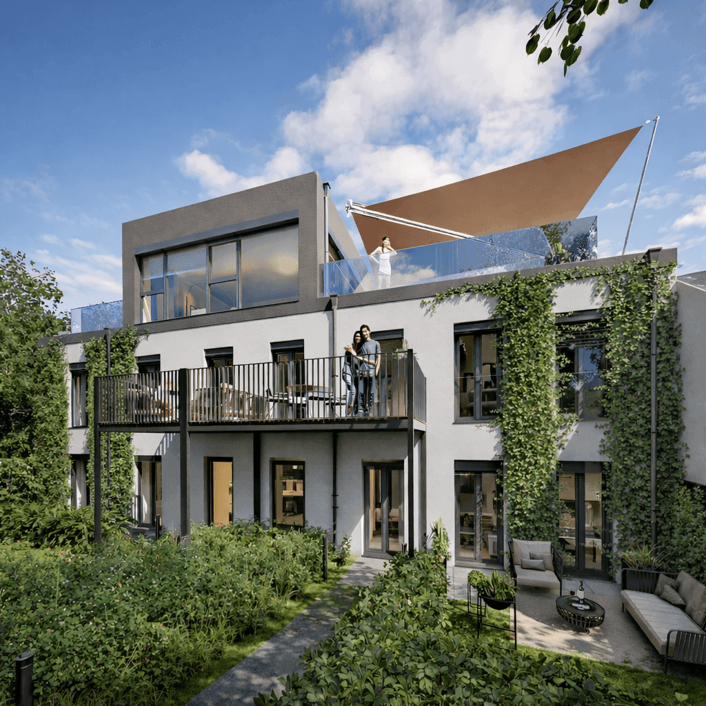 Moderne Wohnanlage mit begrünten Fassaden, Balkonen und einer großzügigen Dachterrasse unter blauem Himmel.