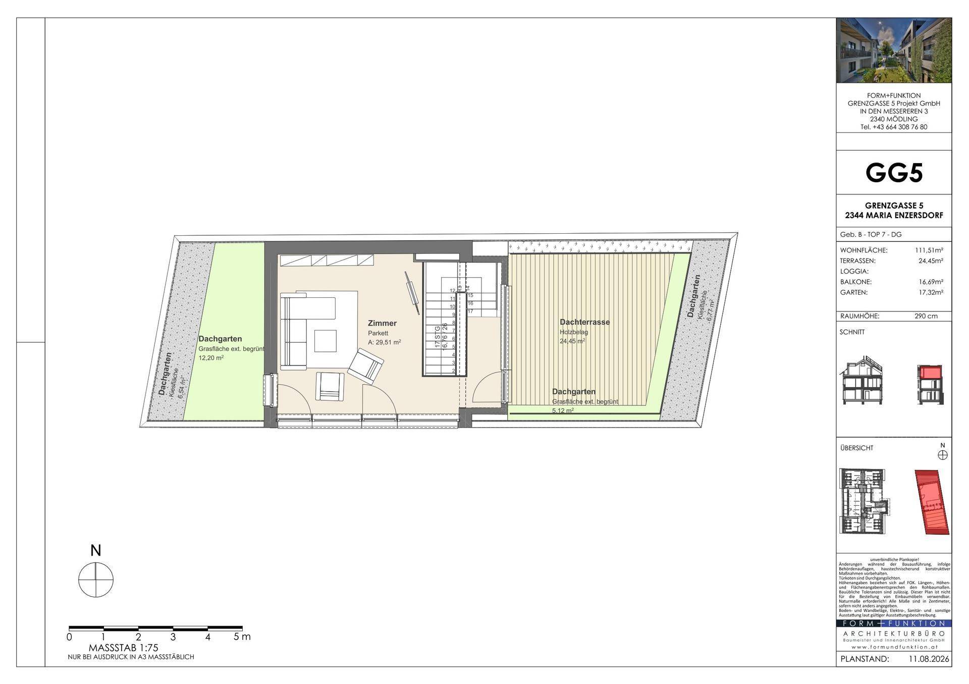 Grundriss des Dachgeschosses mit Dachterrasse und Dachgärten.