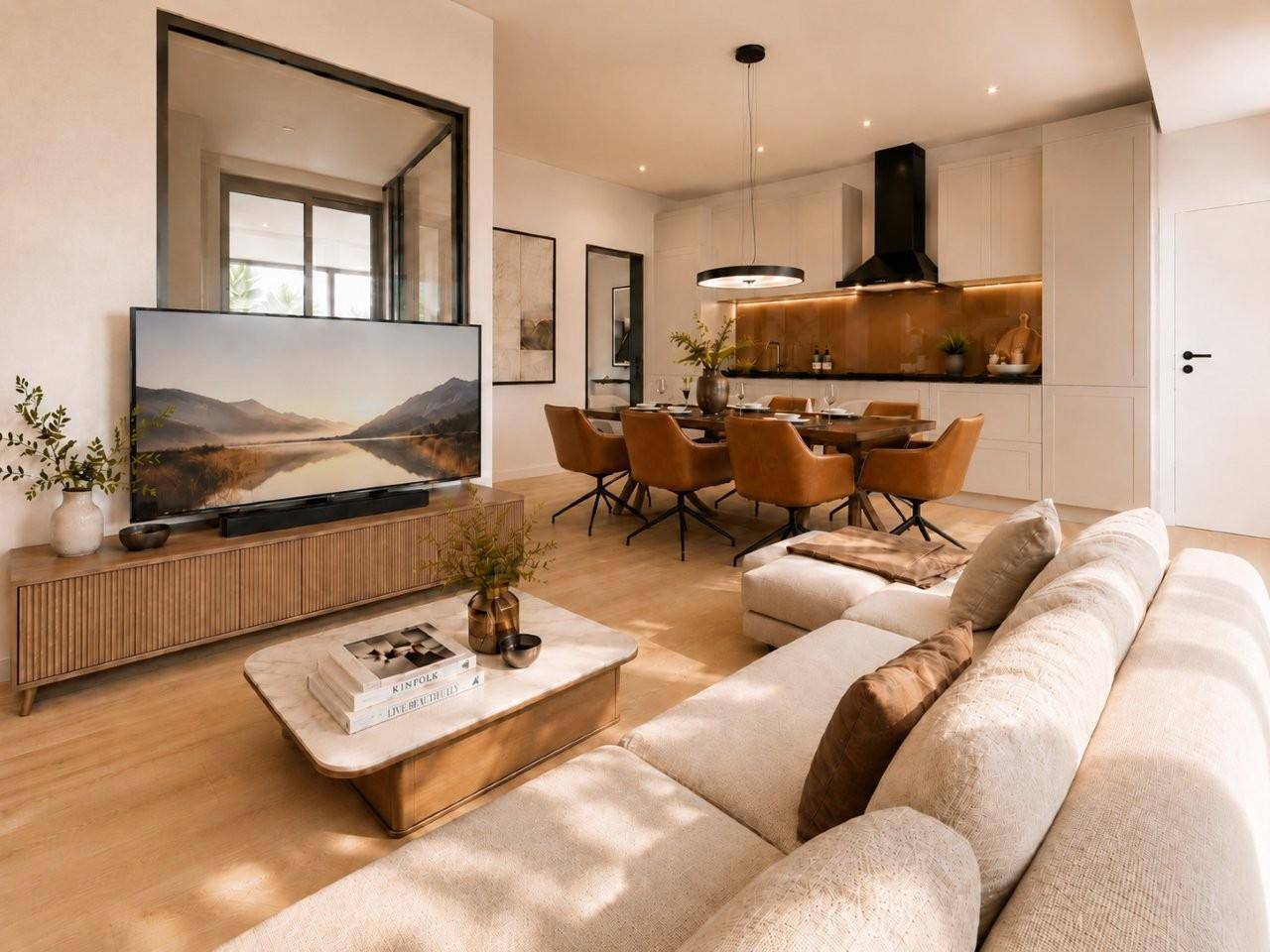 Gemütlicher, offener Wohnbereich mit Sofa, Esstisch und moderner Küche, ideal für geselliges Beisammensein.