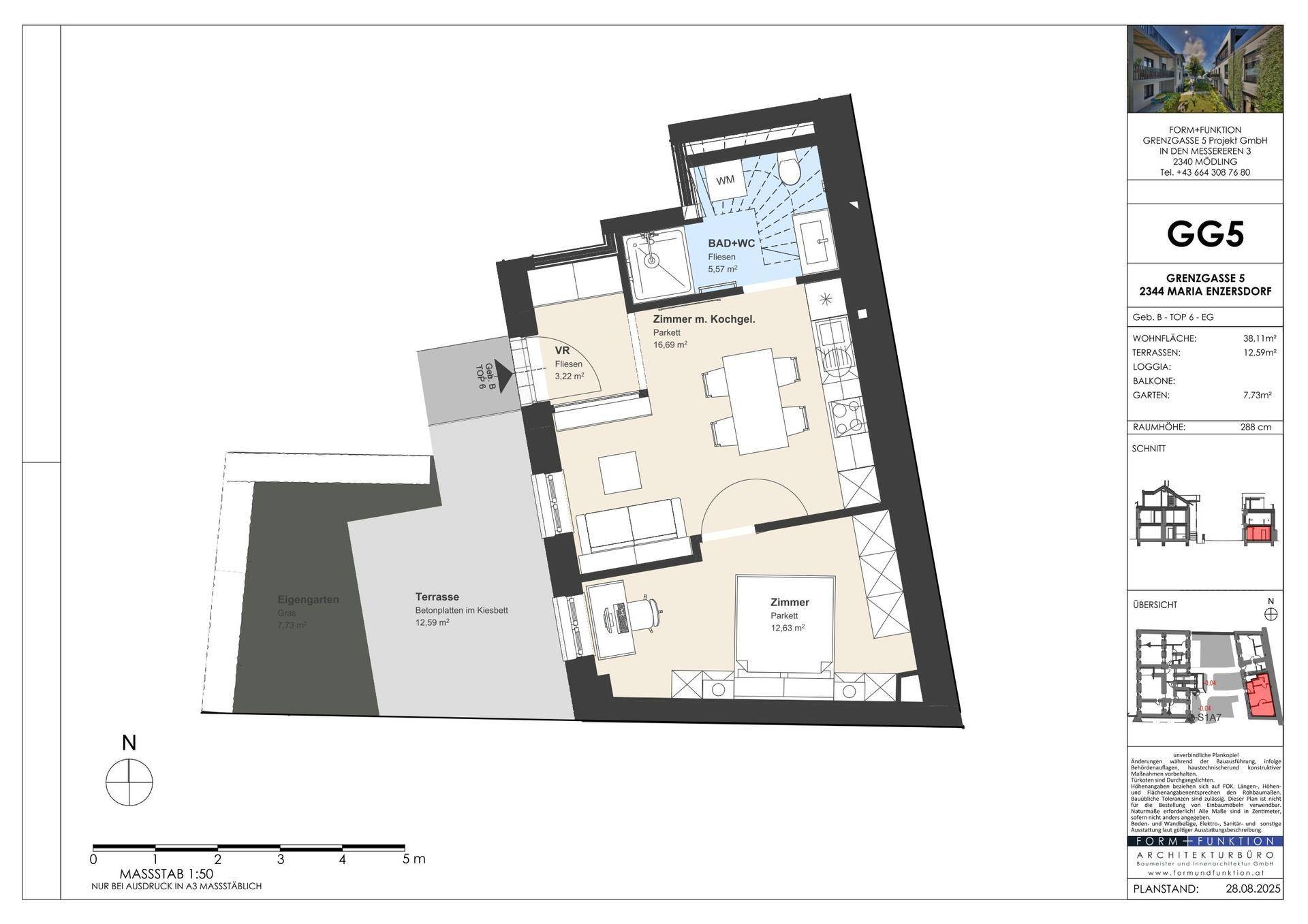 Grundriss einer Wohnung mit Terrasse und offenem Wohnbereich.