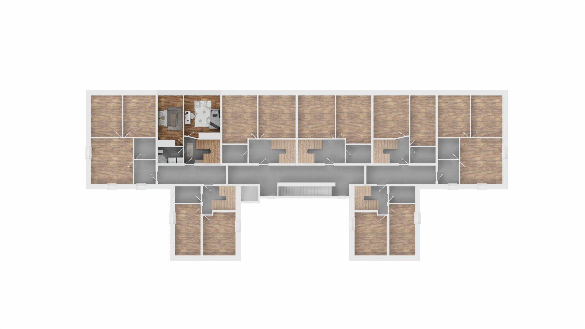 Übersichtlicher Grundriss eines Geschosses mit mehreren Wohneinheiten und Treppenhäusern.
