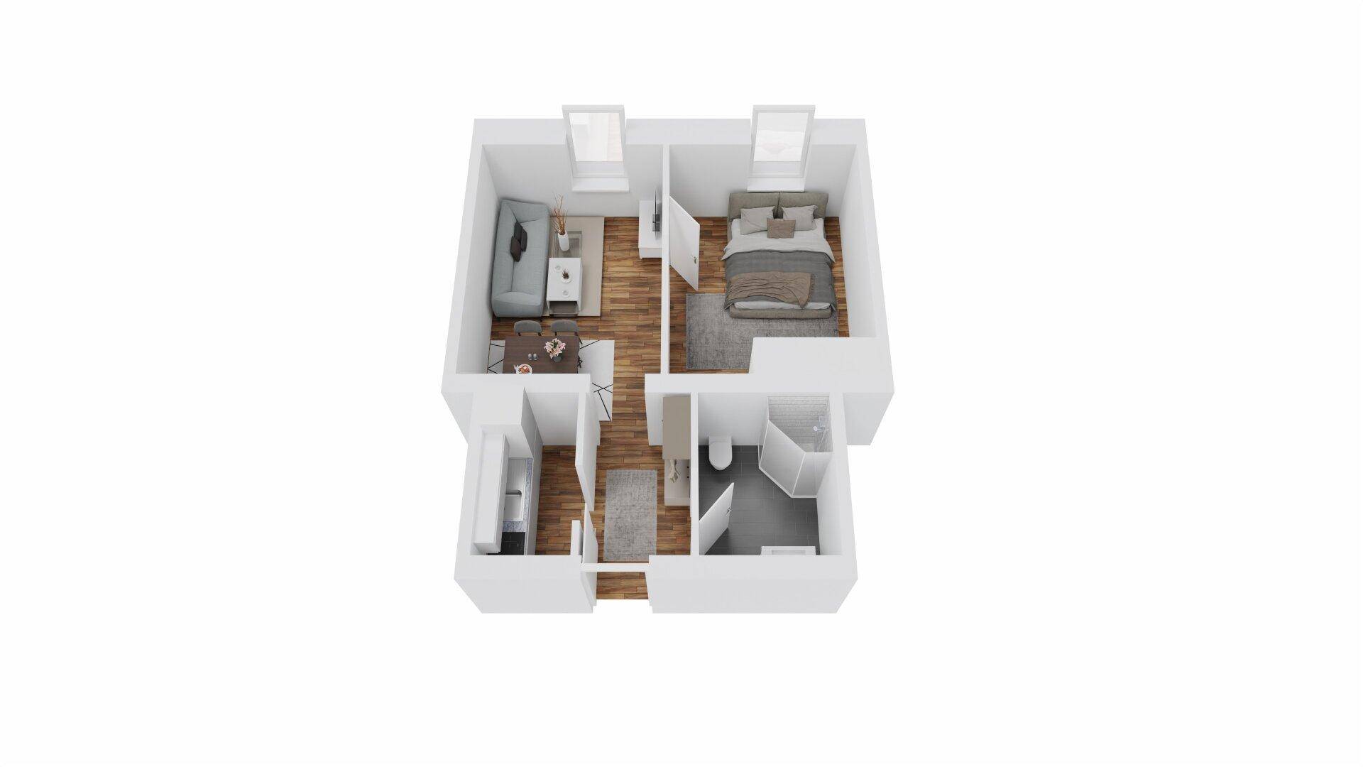 Grundriss einer Wohnung mit separatem Schlafzimmer, offenem Wohnbereich und Badezimmer.