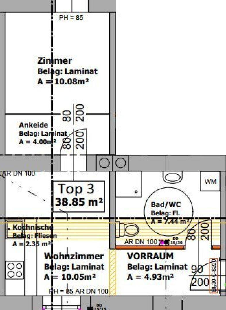 Grundriss einer Wohnung mit Zimmer, Ankleide, Bad/WC, Wohnzimmer, Kochnische und Vorraum.