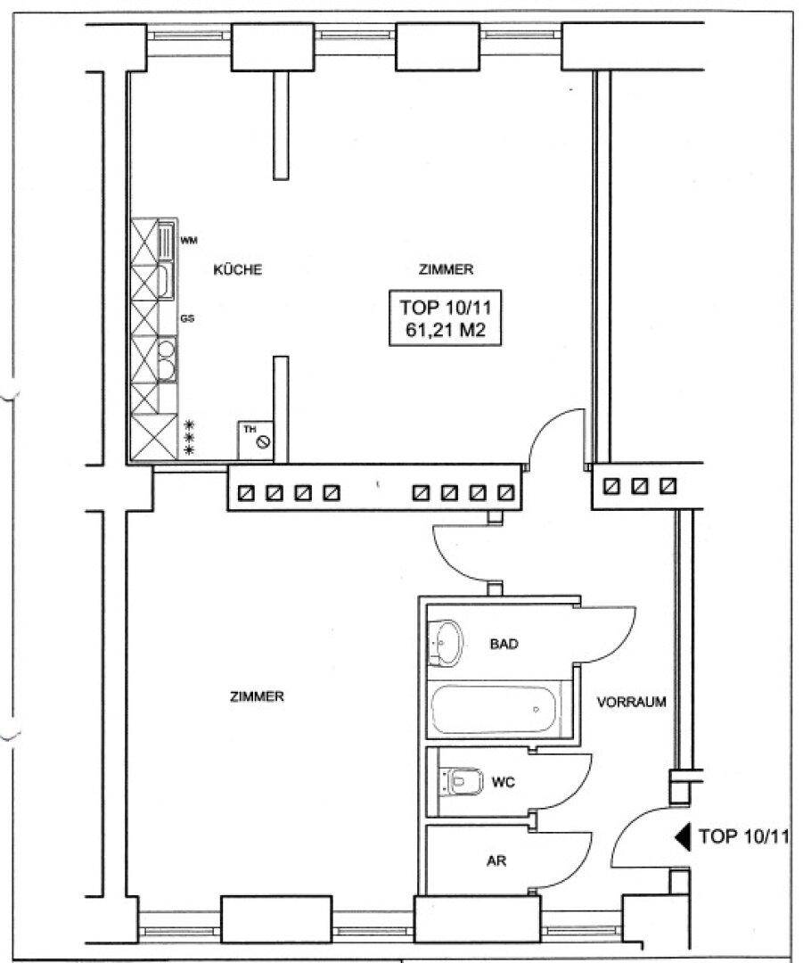 Grundriss der Wohnung Top 10/11 mit zwei Zimmern, Küche, Bad und separatem WC.
