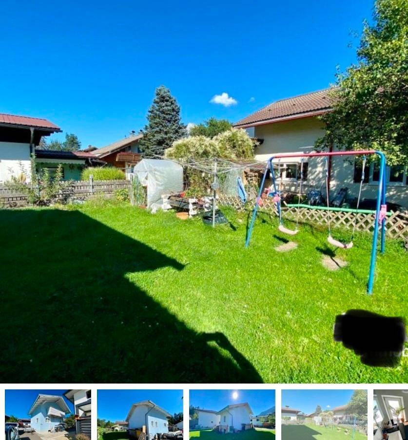 Großer grüner Garten mit Schaukelset und viel Platz zum Spielen im Freien.