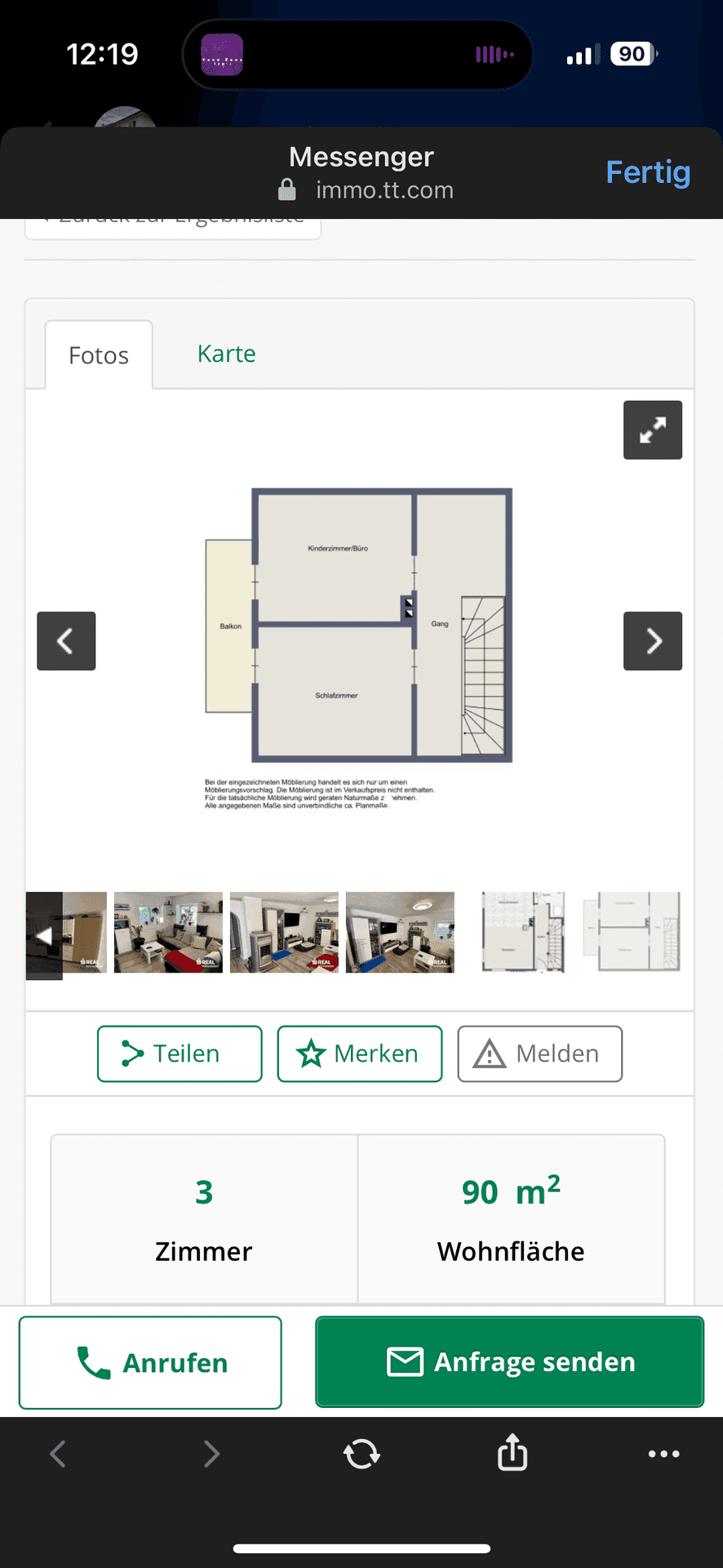 Grundriss des Obergeschosses mit Schlafzimmer, Kinderzimmer und Balkon.