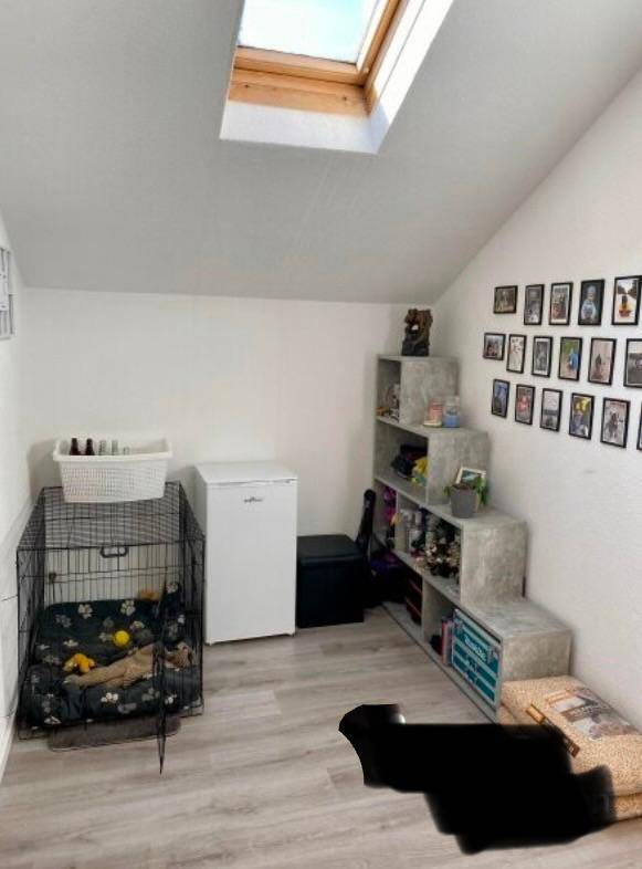 Abstellraum im Dachgeschoss mit Dachfenster, Regal und kleinem Kühlschrank.
