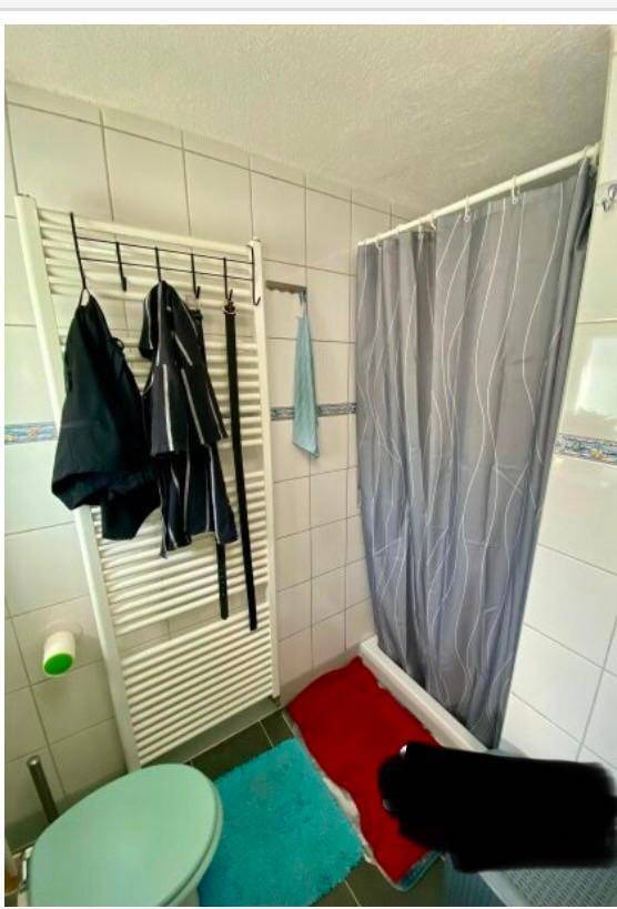 Badezimmer mit Duschvorhang, beheiztem Handtuchhalter und farbigen Badematten.