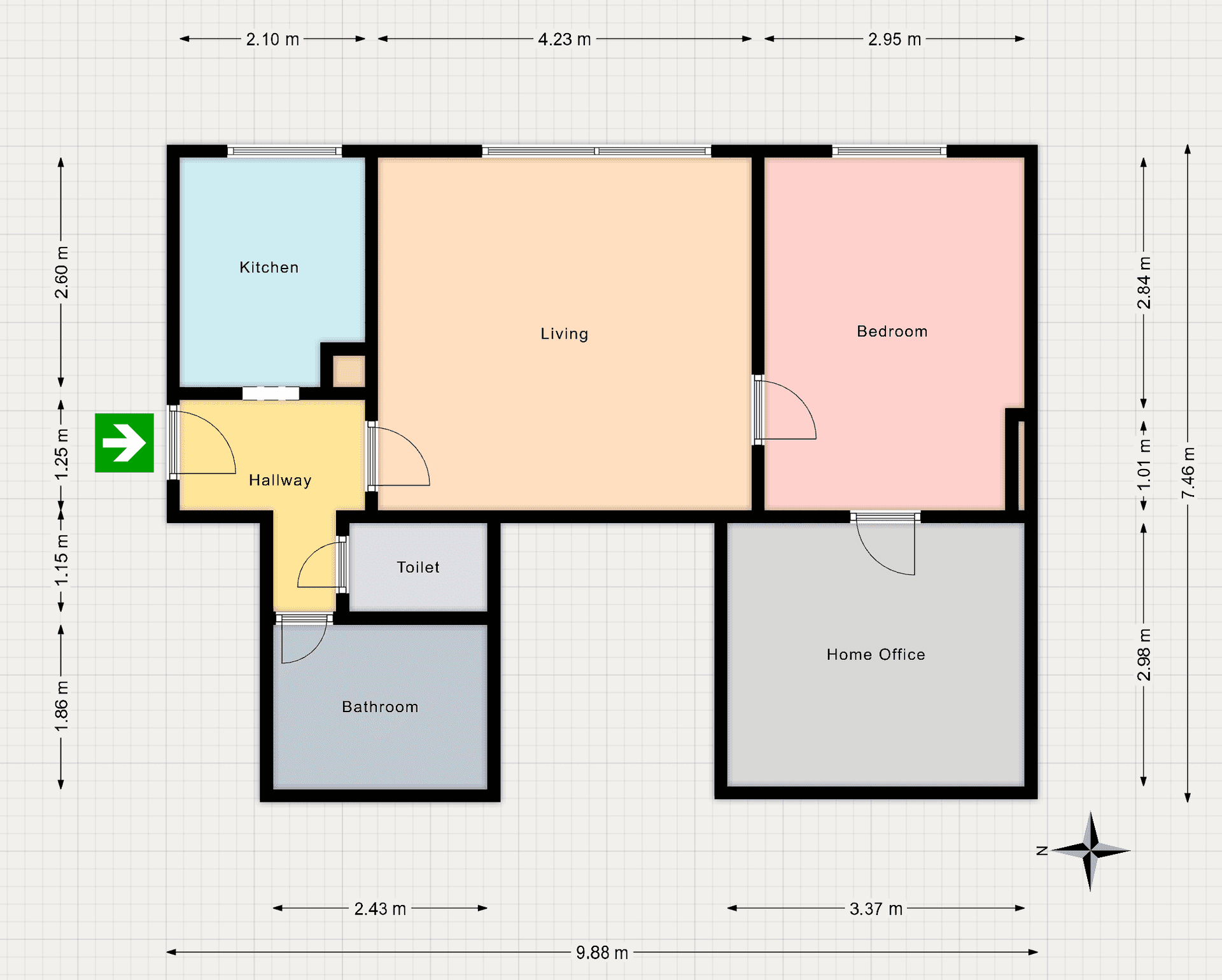Grundriss der Wohnung mit Küche, Wohnzimmer, Schlafzimmer, Home Office und Bad.