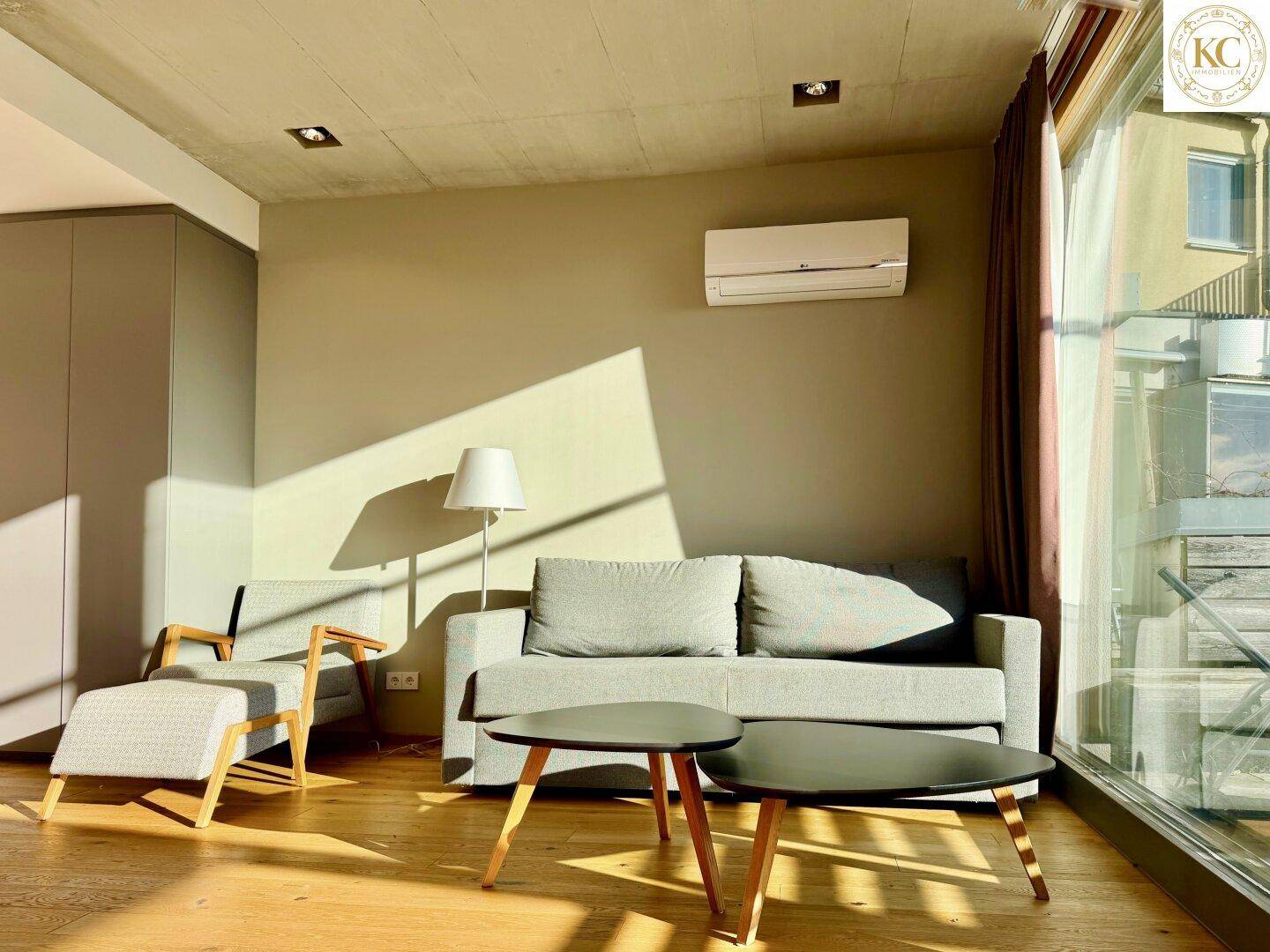 Moderner Wohnbereich mit bequemer Couch, Holzboden und Klimaanlage für angenehmes Raumklima.