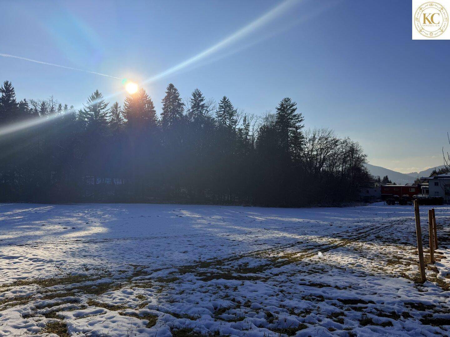 Weitläufiges verschneites Feld mit Waldrand und sonnigem Himmel, im Hintergrund sind Gebäude erkennbar.