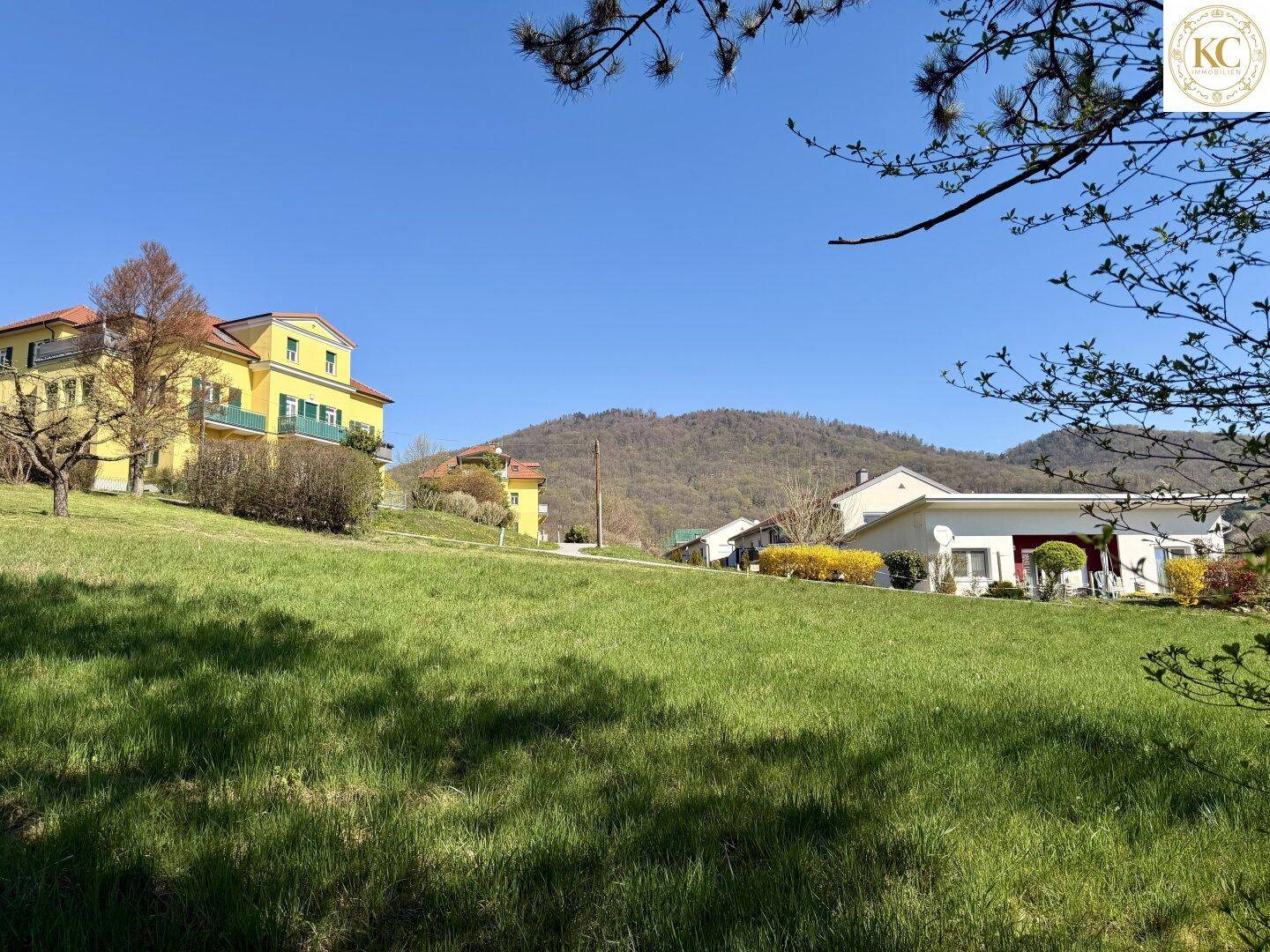 Grüne Wiese mit Blick auf ein gelbes Gebäude und bewaldete Hügel unter strahlend blauem Himmel.