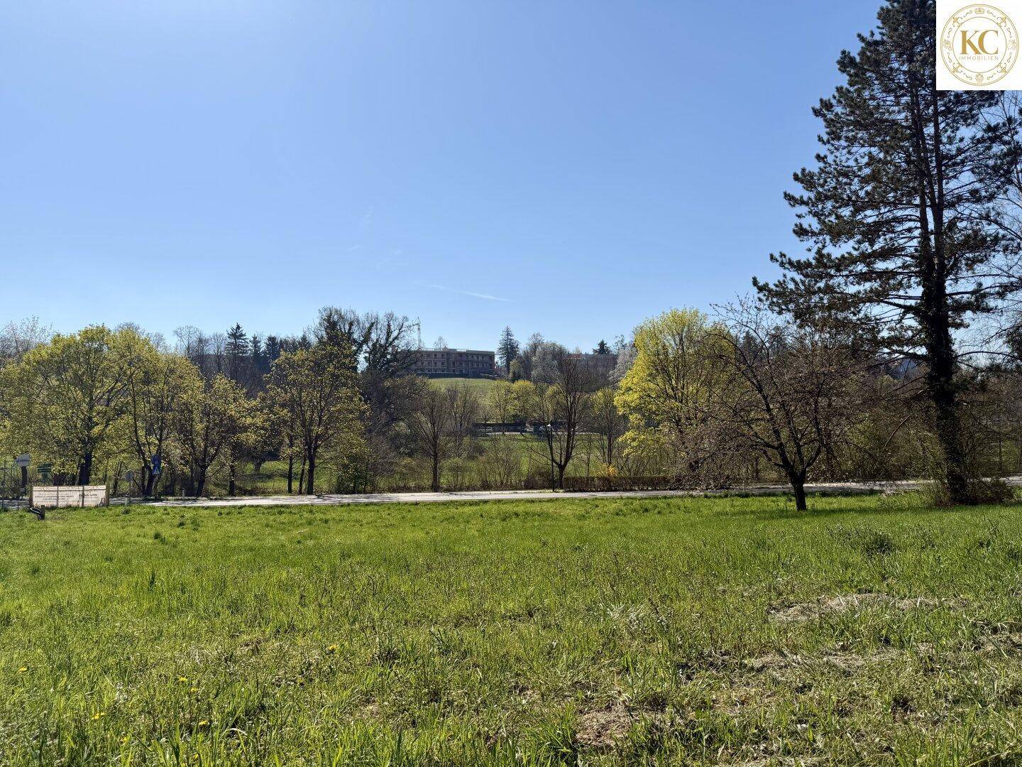 Panoramablick über eine weite Grünfläche mit Bäumen und einem Gebäude in der Ferne unter blauem Himmel.