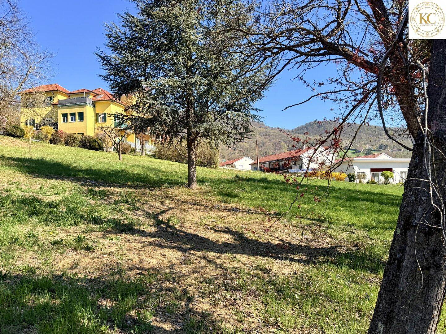 Hügeliges Grundstück mit Bäumen und weitem Blick auf die Landschaft und entfernte Häuser.