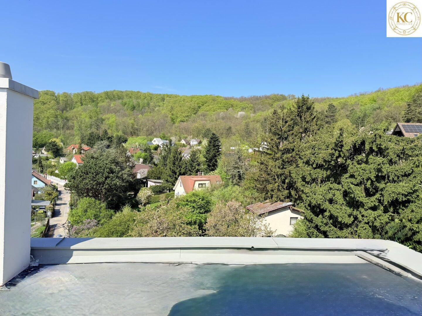 Panoramablick von einem Dach über eine Wohnsiedlung und bewaldete Hügel bei Sonnenschein.
