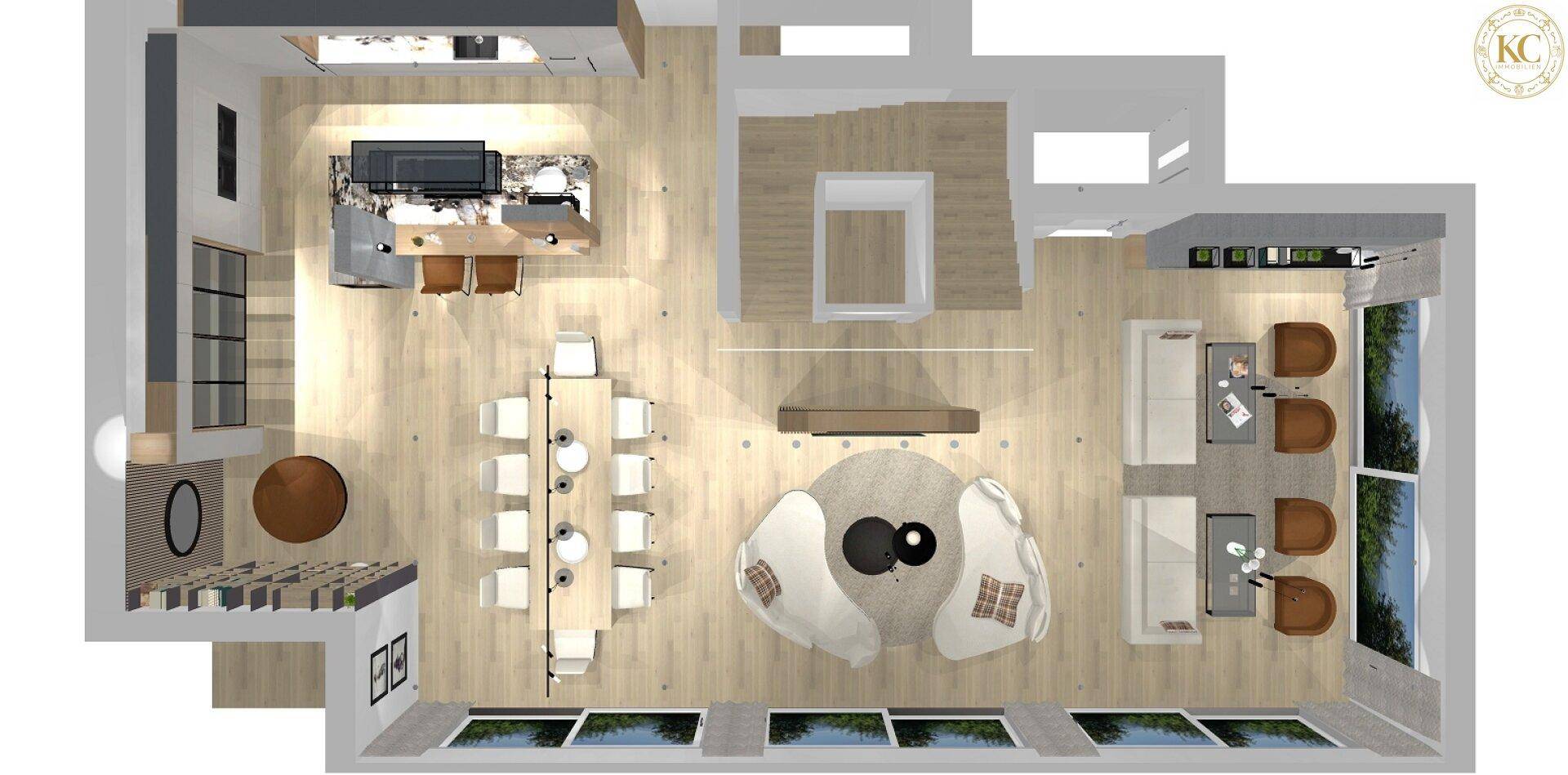 Visualisierter Grundriss mit großem Essbereich, Wohnzimmer und offener Küche im Erdgeschoss.
