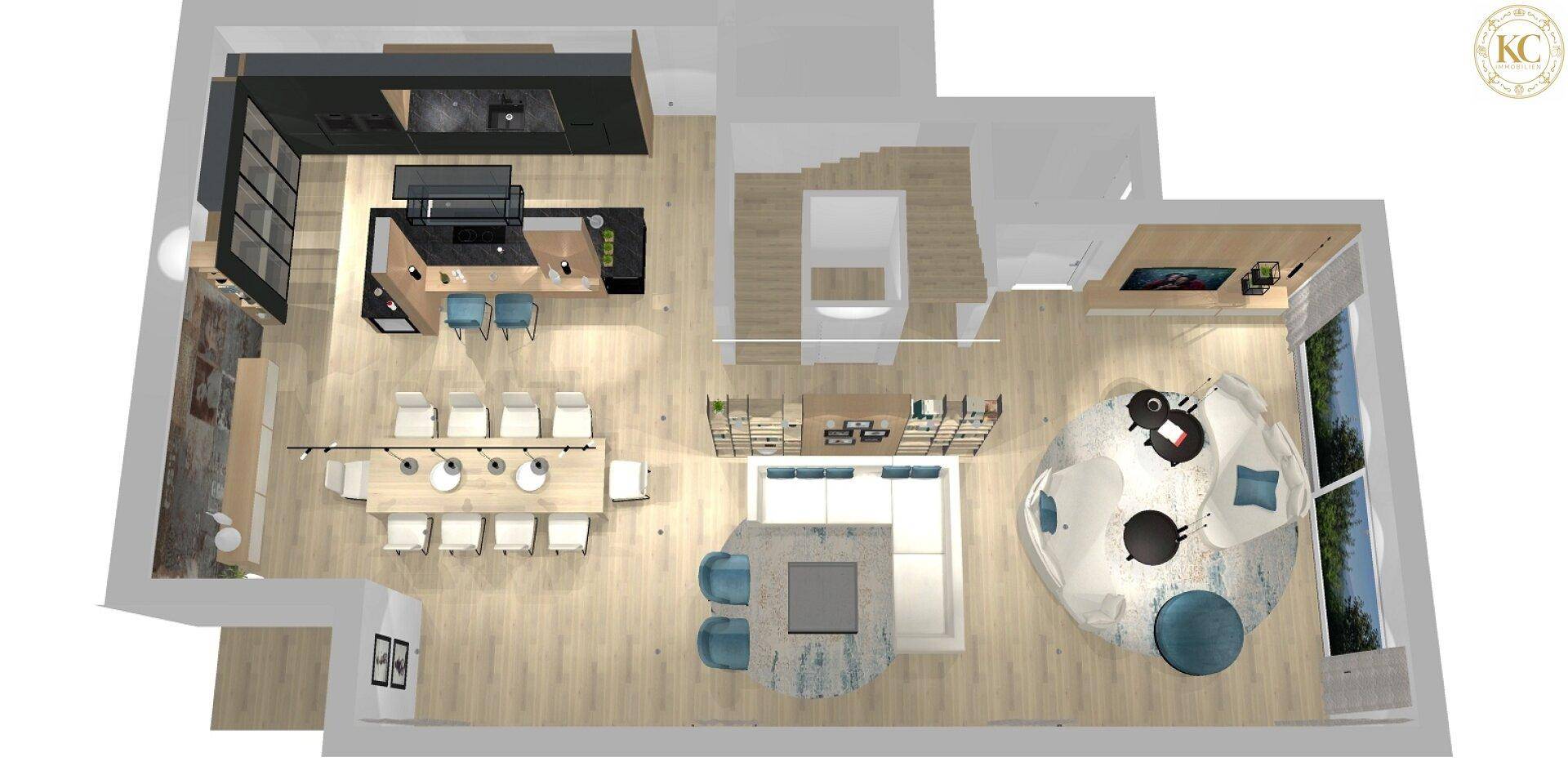 Visualisierter Grundriss mit offener Küche, Essbereich und Wohnzimmer im modernen Design.