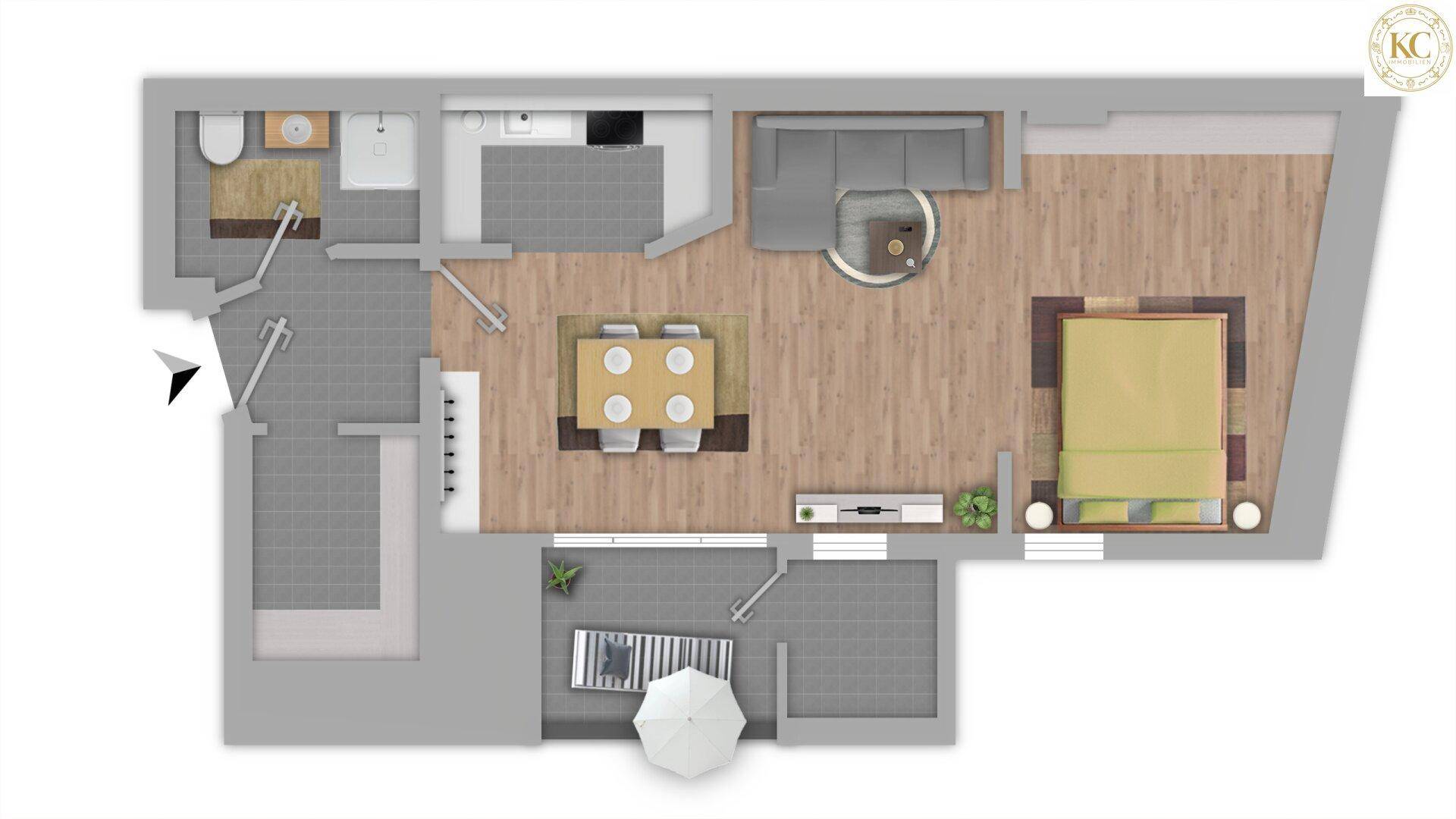 Grundriss einer Wohnung mit offenem Wohnbereich, integrierter Küche, Schlafzimmer, Bad und einer Terrasse.