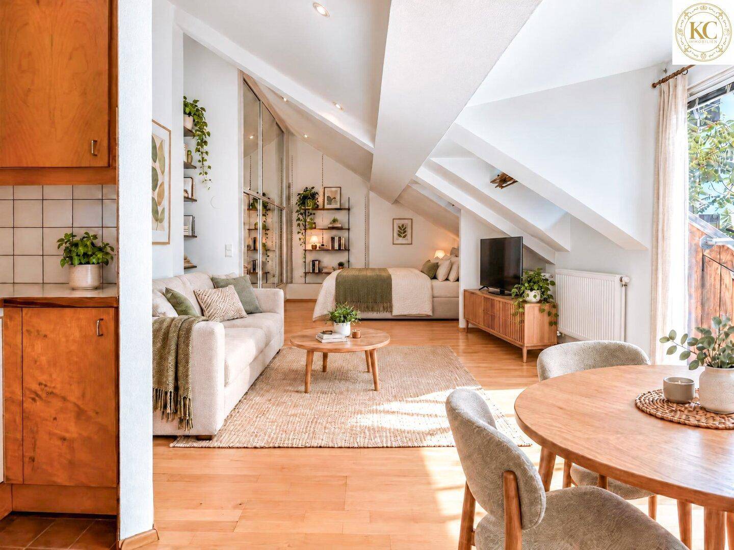 Gemütlicher Wohnbereich im Dachgeschoss mit Schlafzimmer im Hintergrund und Holzboden.