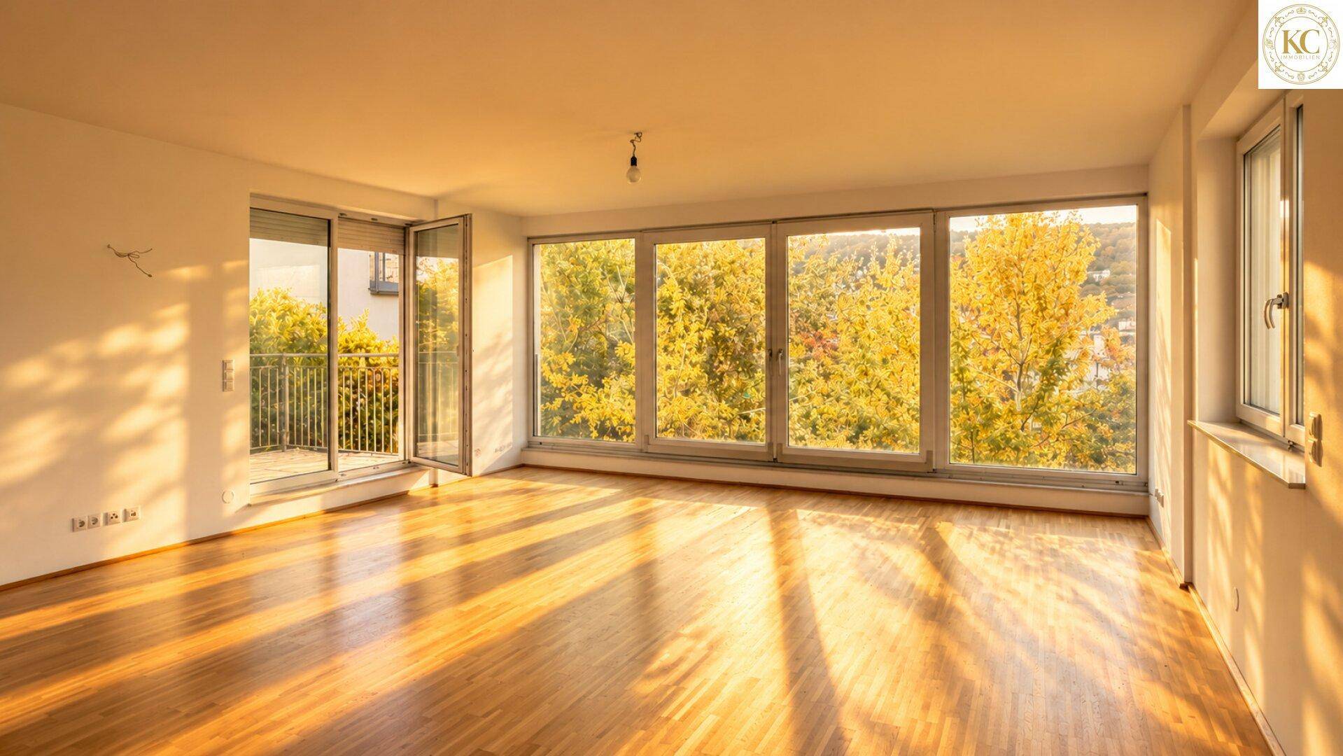 Lichtdurchflutetes Wohnzimmer mit Holzboden, großen Fensterfronten und Zugang zu einem französischen Balkon.