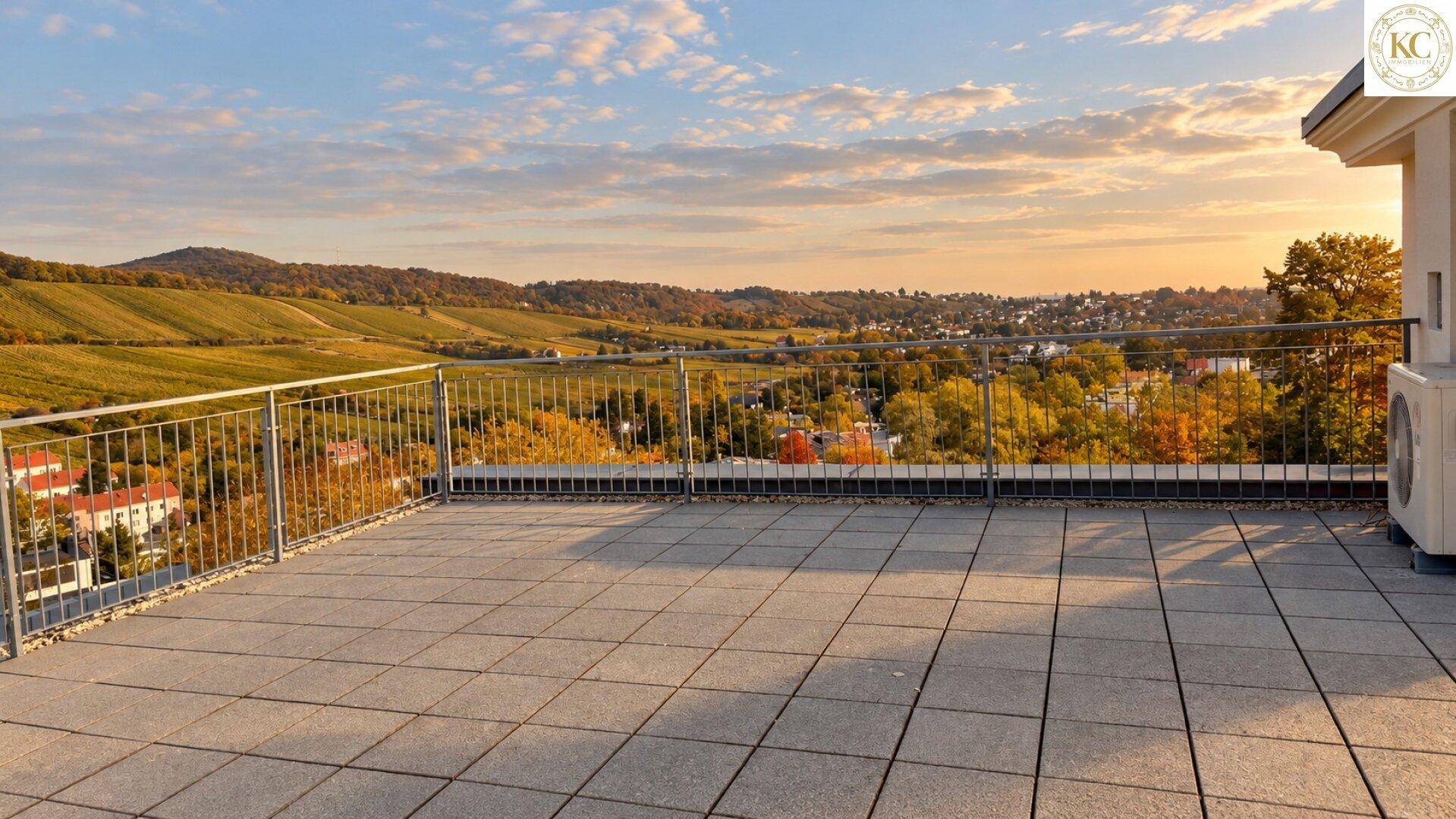 Geräumige Dachterrasse mit Panoramablick auf die umliegende Landschaft und Weinberge im warmen Abendlicht.