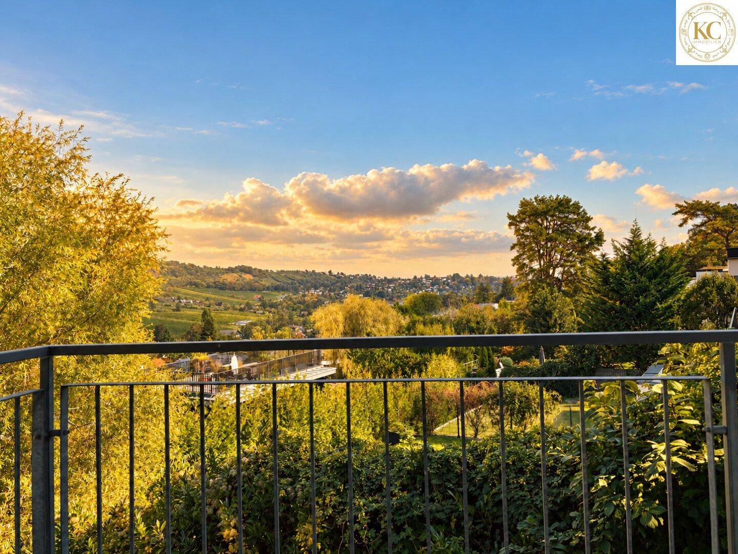Balkon mit Blick auf die grüne Umgebung, Weinberge und eine weite Landschaft unter blauem Himmel.