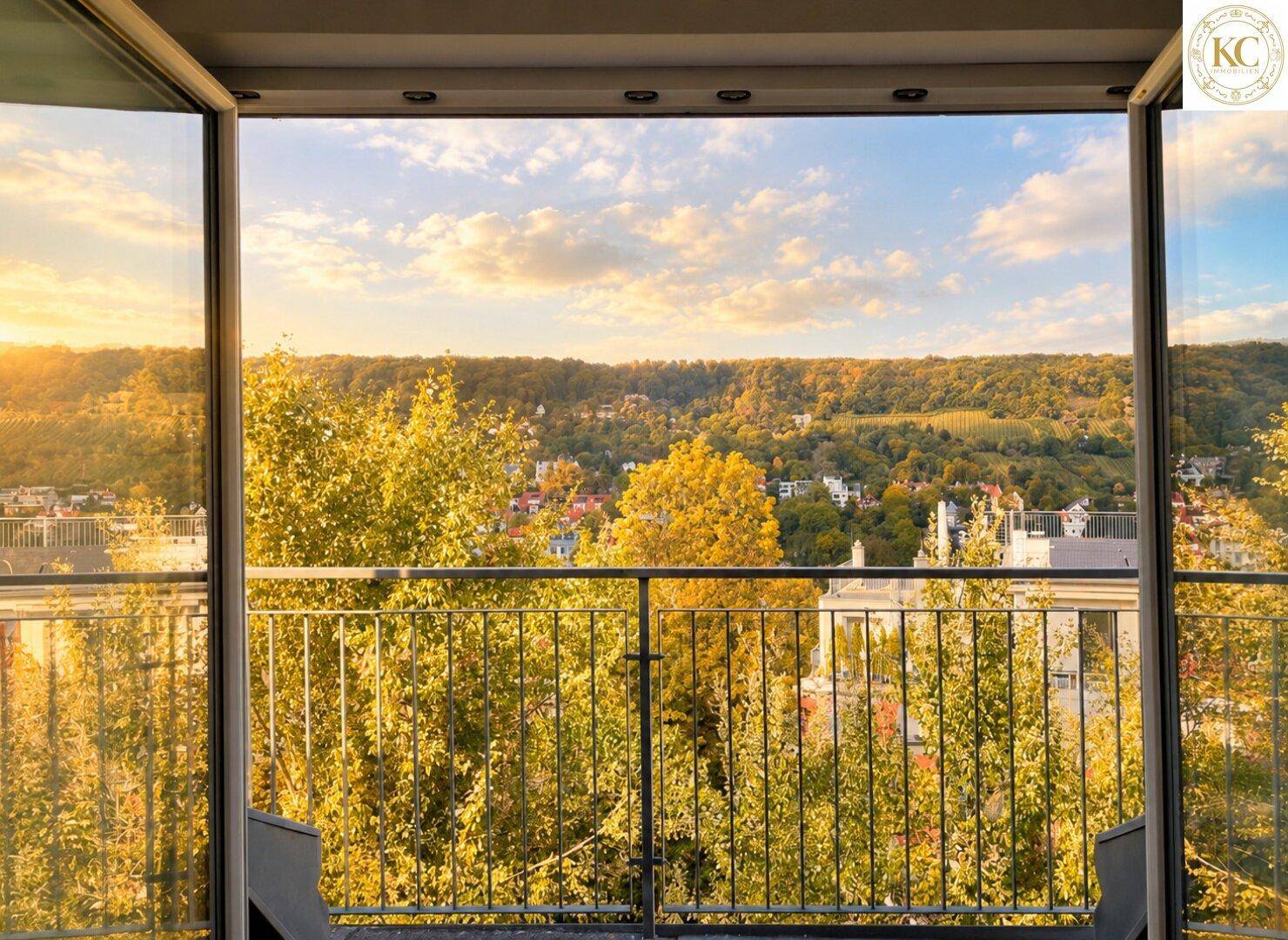 Blick von einem Balkon auf die herbstliche Landschaft mit Stadt, Weinbergen und bewaldeten Hügeln.