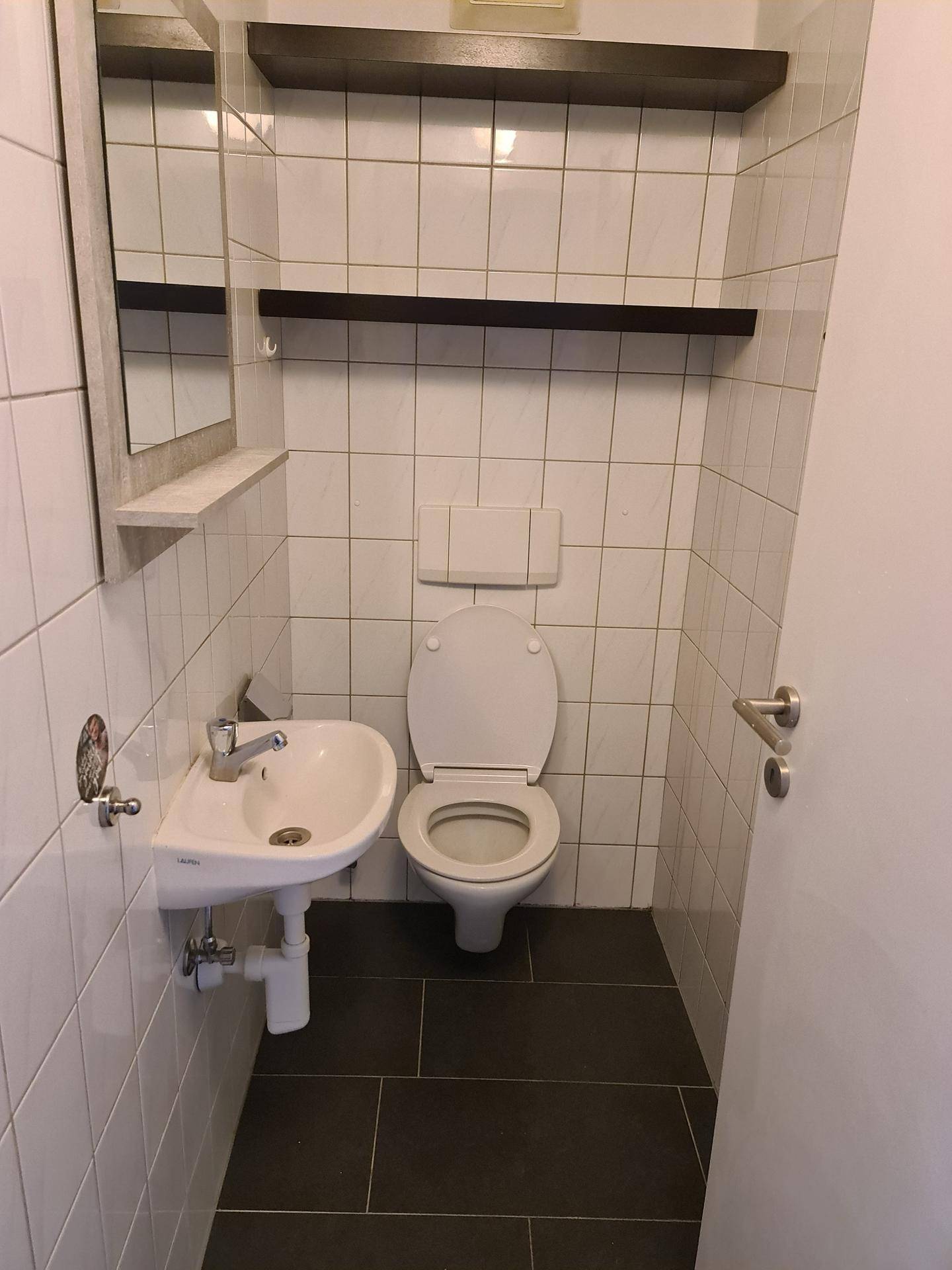 Kleines Gäste-WC mit weißen Fliesen, dunklem Boden und Wandspiegel.
