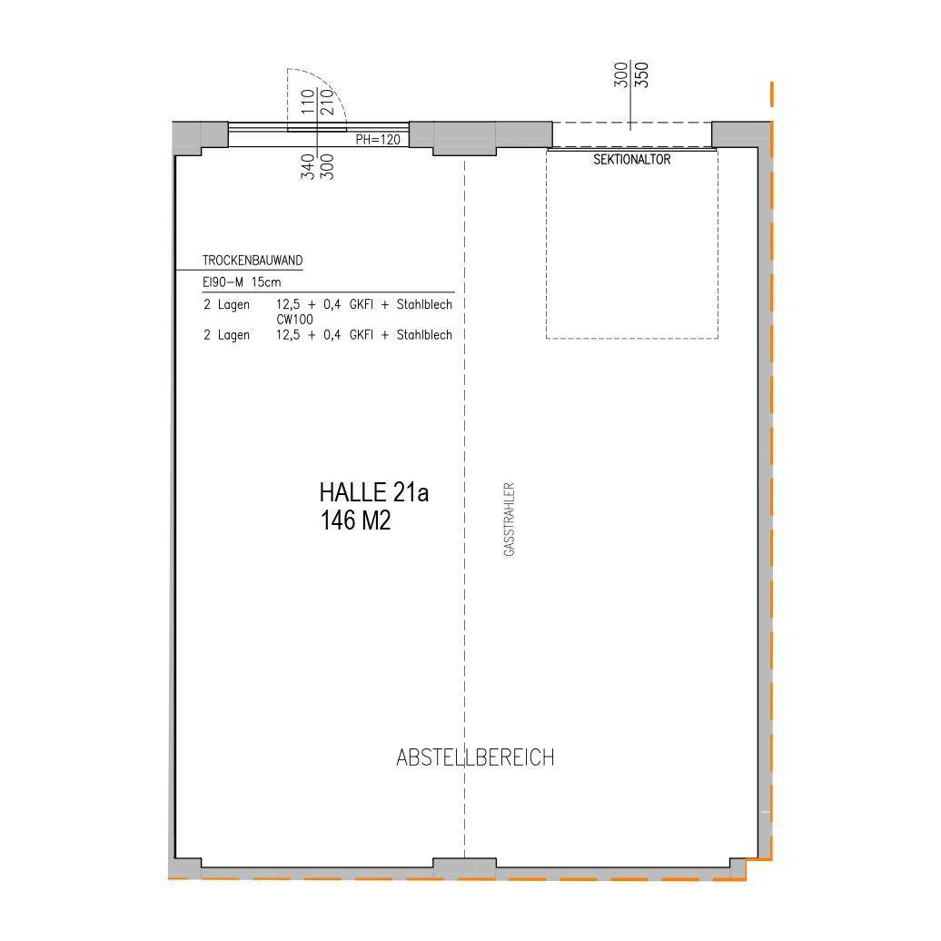 Grundriss einer Halle mit 146 m² Fläche, Trockenbauwand und Sektionaltor.