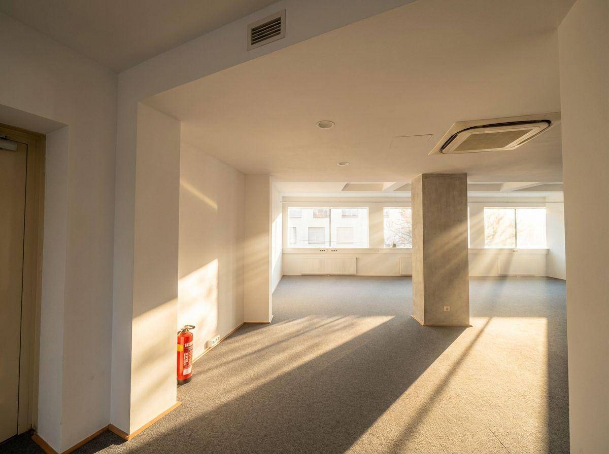 Heller Büroraum mit Teppichboden, einer Säule und Fenstern, die Sonnenlicht hereinlassen.