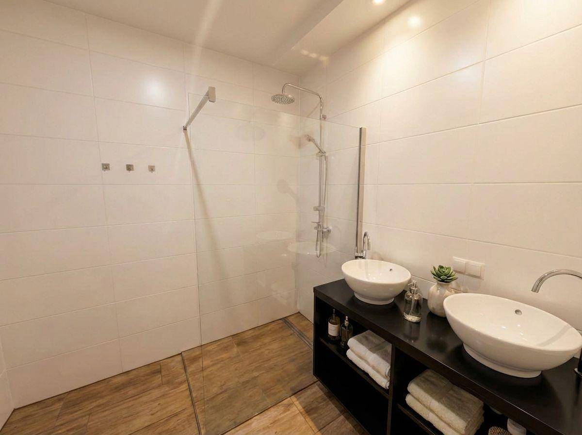 Modernes Badezimmer mit Doppelwaschbecken, großer begehbarer Dusche und hellen Fliesen.
