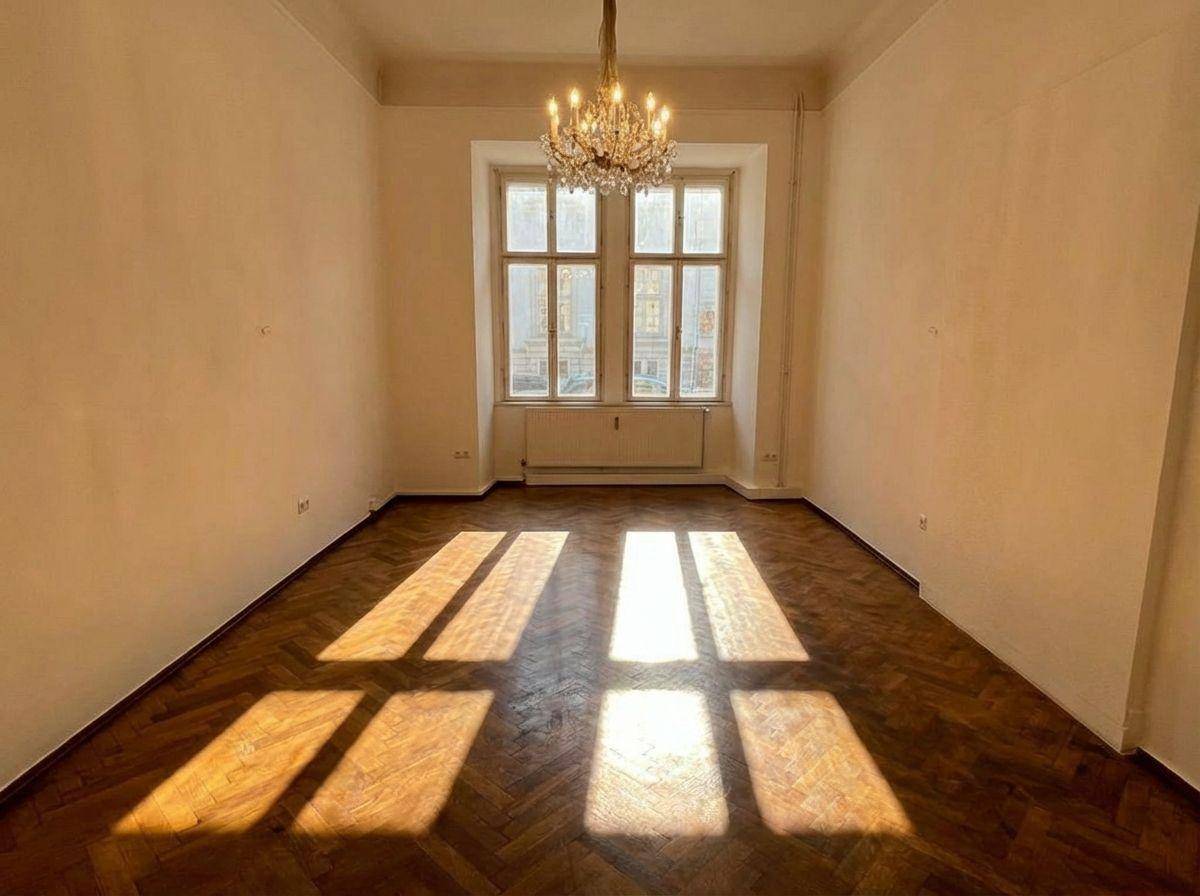 Lichtdurchflutetes Zimmer mit Fischgrätparkett, hohen Fenstern und einem dekorativen Kronleuchter.