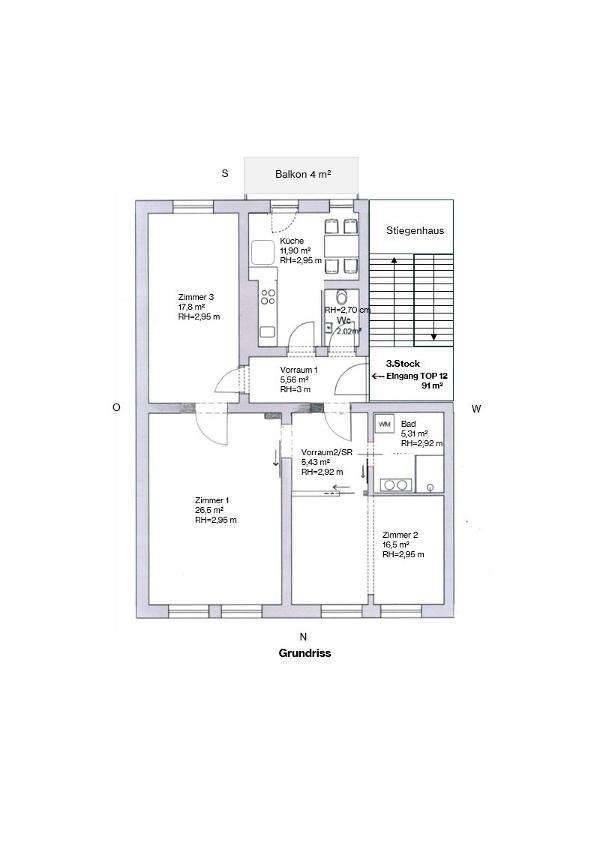 Grundriss einer Wohnung mit drei Zimmern, Küche, Bad, WC und einem 4 m² großen Balkon.
