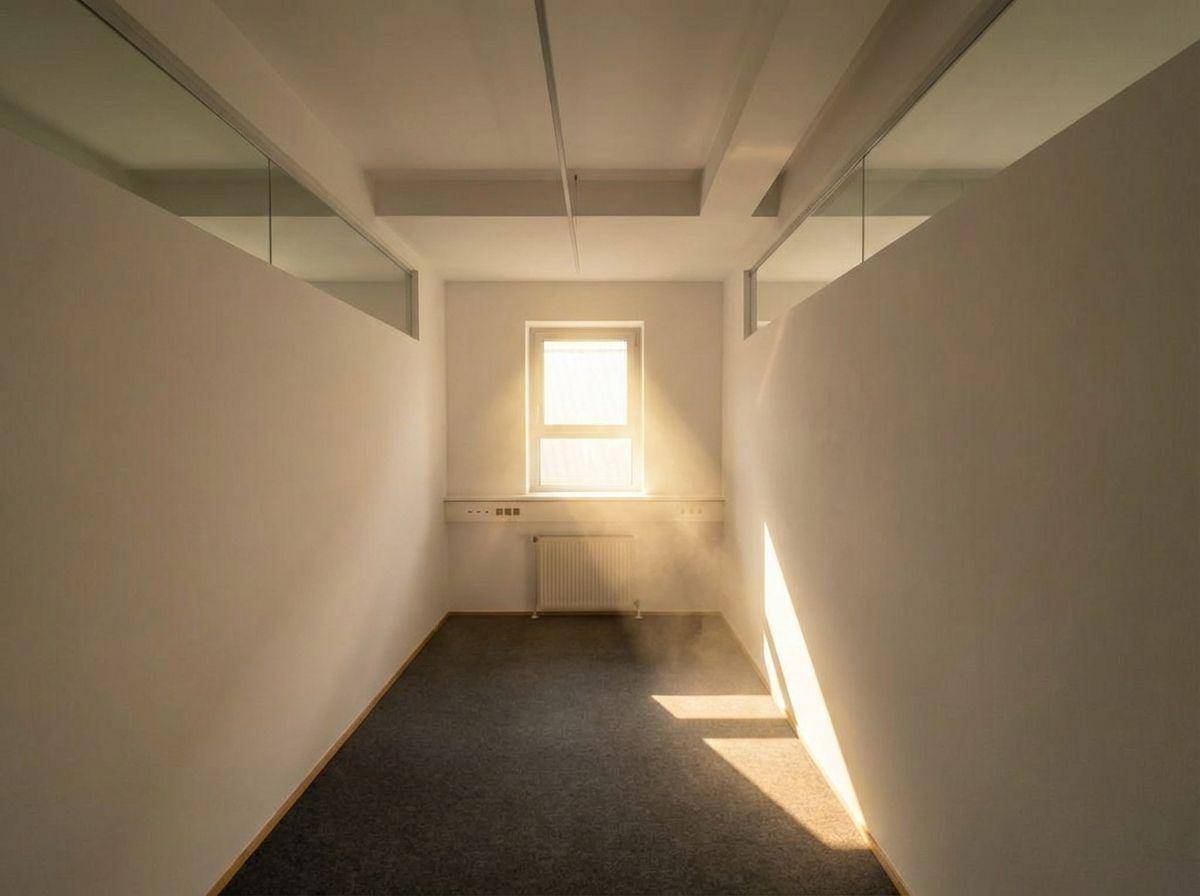 Schmaler Büroraum oder Flur mit einem Fenster, das helles Sonnenlicht in den Raum lässt.