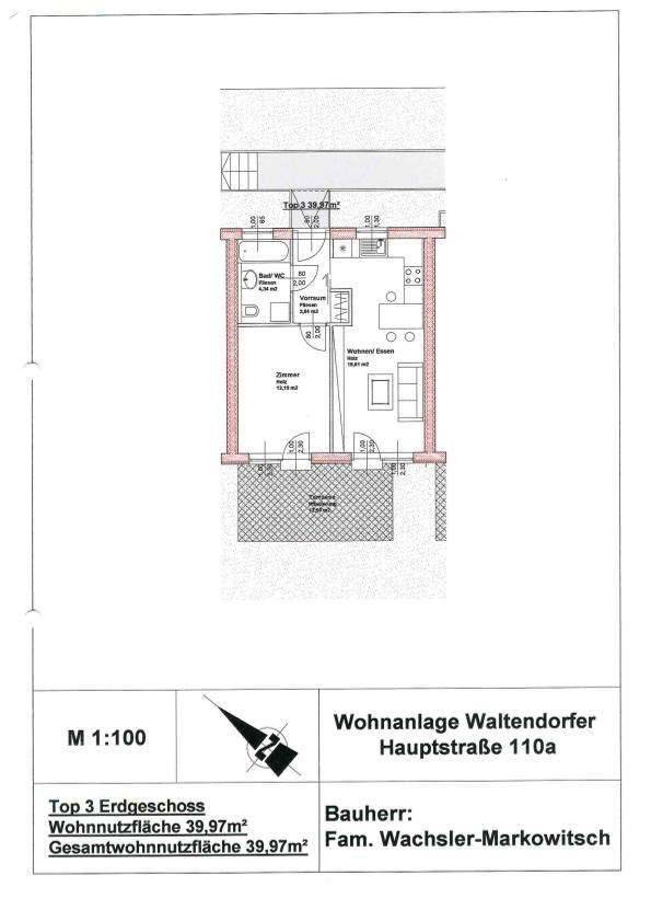 Grundriss der Wohneinheit im Erdgeschoss mit 39,97m² Wohnnutzfläche und Garten.