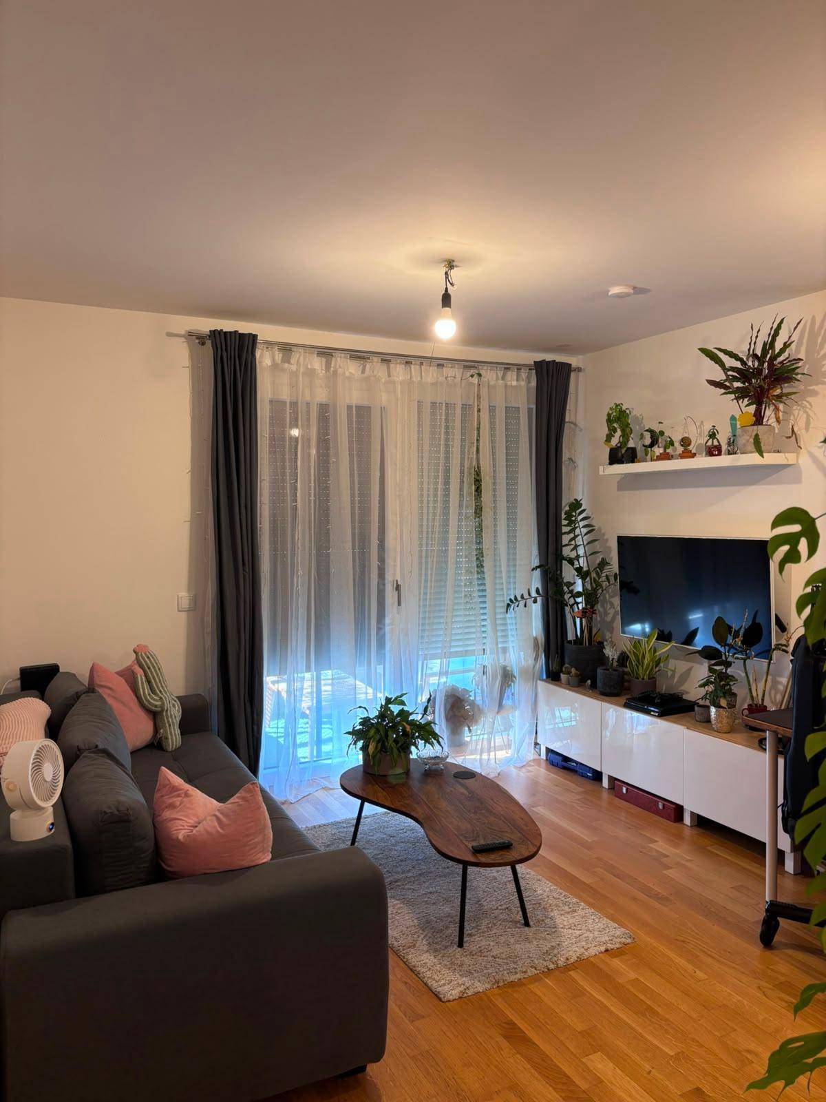 Gemütliches Wohnzimmer mit Sofa, Holzboden und Zugang zum Balkon.