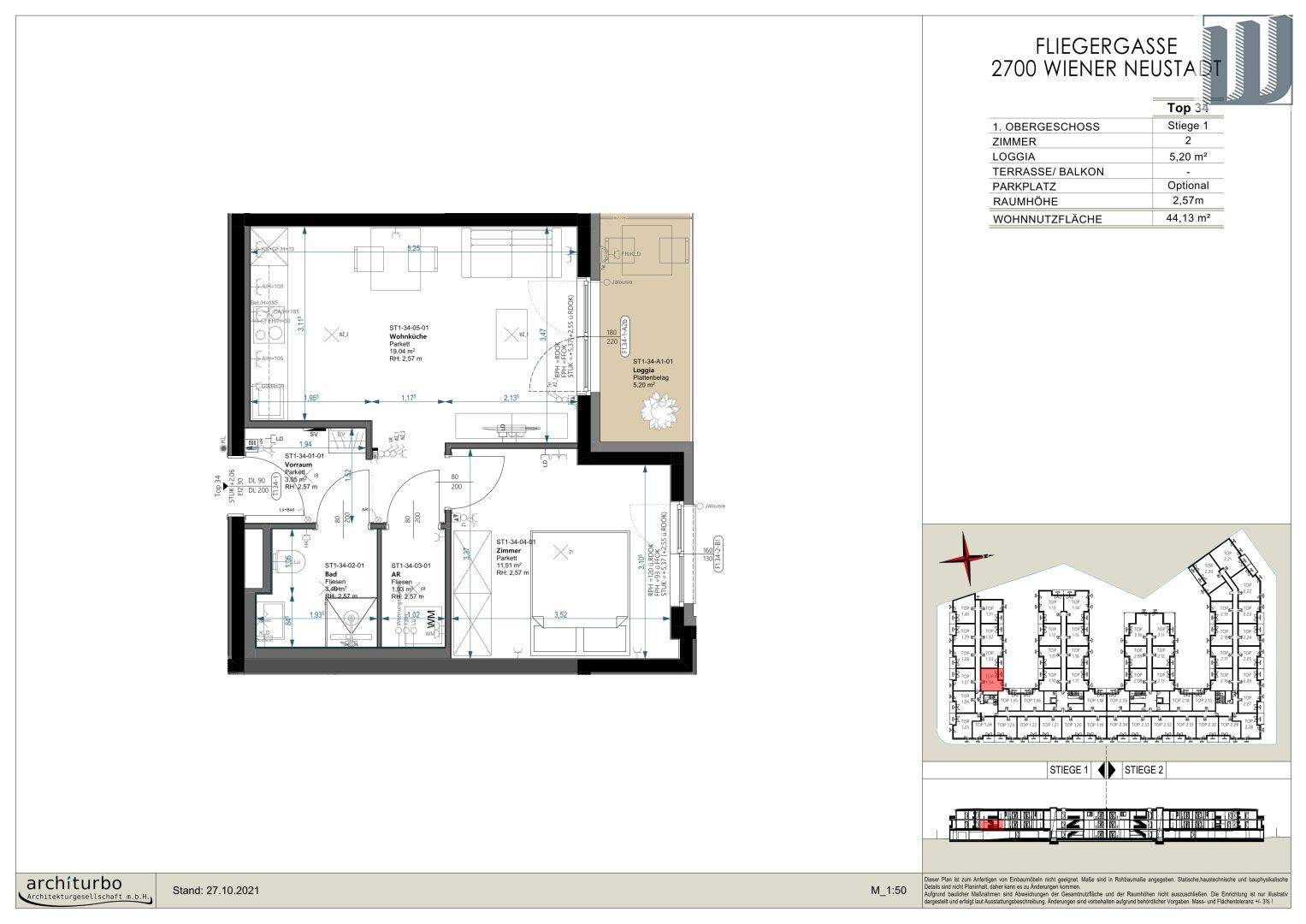 Detaillierter Grundriss einer Wohnung im Obergeschoss mit Loggia und Wohnfläche von 44,13 m².