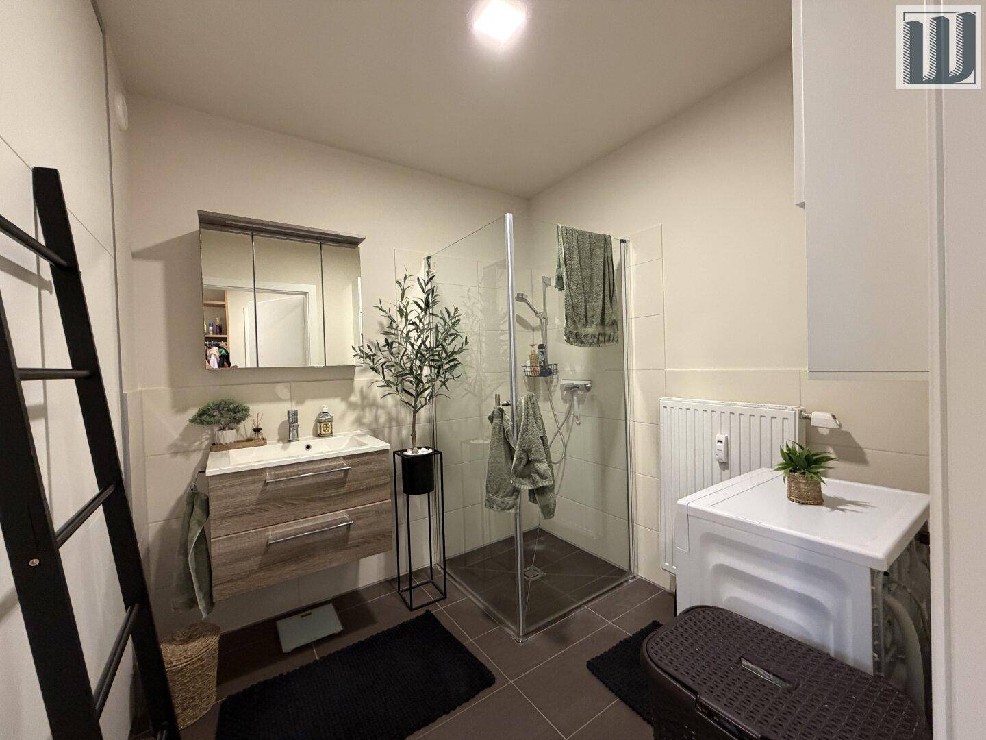 Modernes Badezimmer mit Dusche, Waschbecken und Spiegelschrank, ausgestattet mit Waschmaschine.