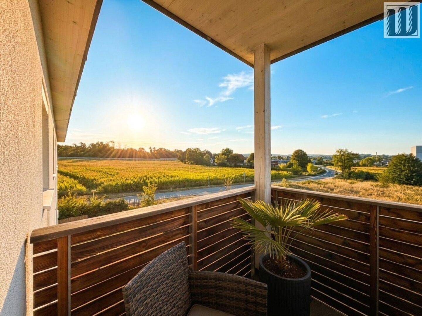 Sonniger Balkon mit Blick auf grüne Felder und die umliegende Landschaft.