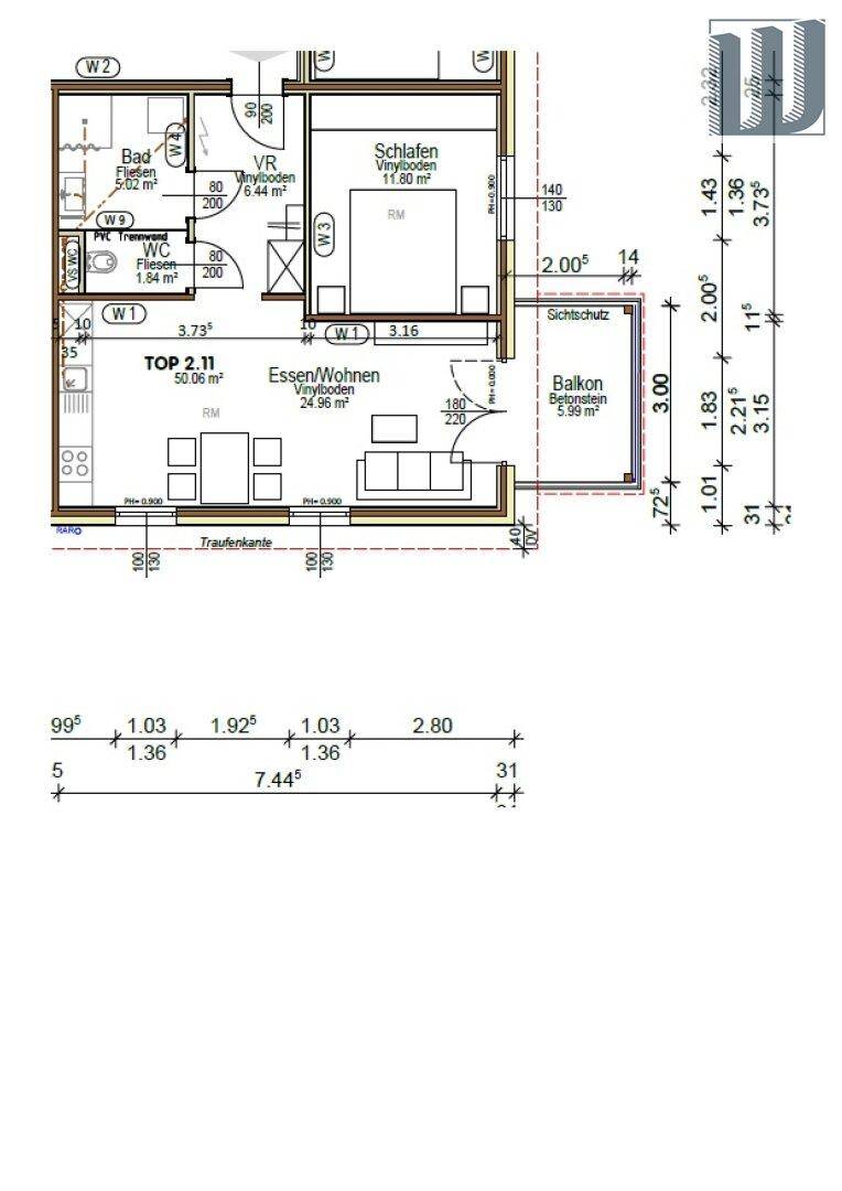 Grundriss einer Wohnung mit Schlafzimmer, Bad, WC und offenem Wohn-Essbereich mit Balkon.