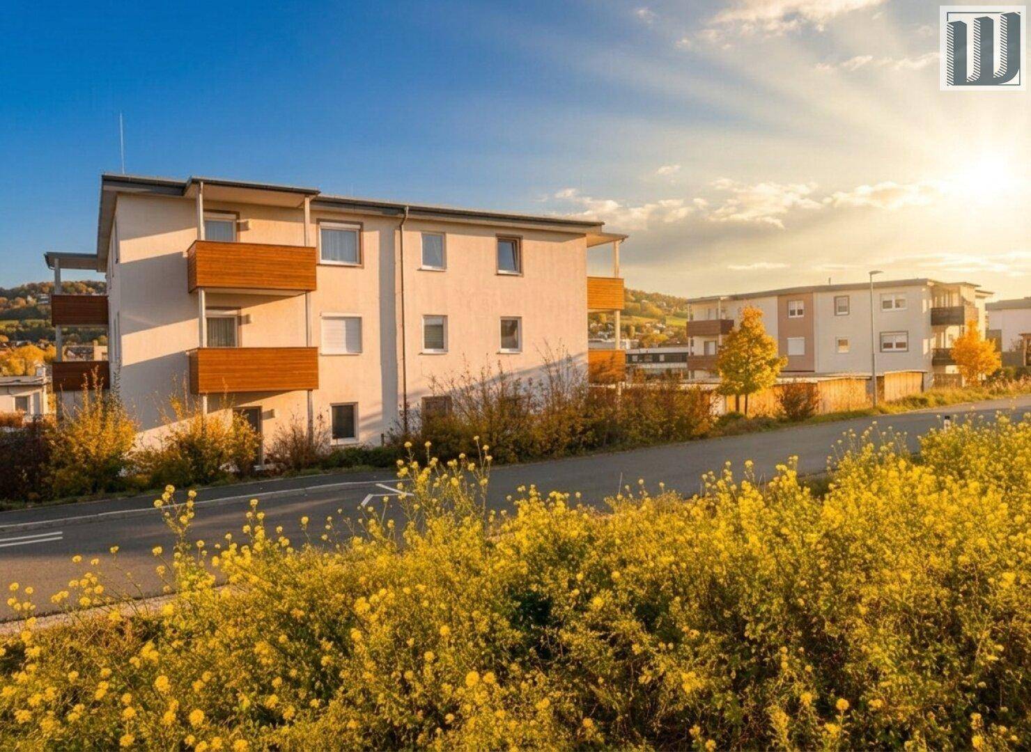 Wohngebäude in ländlicher Umgebung mit blühenden Feldern und Hügeln im Hintergrund bei Sonnenuntergang.