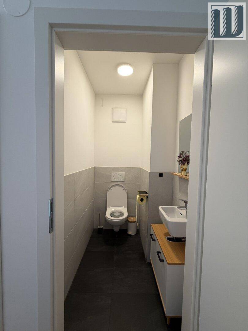 Moderne Gästetoilette mit dunklen Fliesen, wandhängendem WC und kleinem Waschbecken.