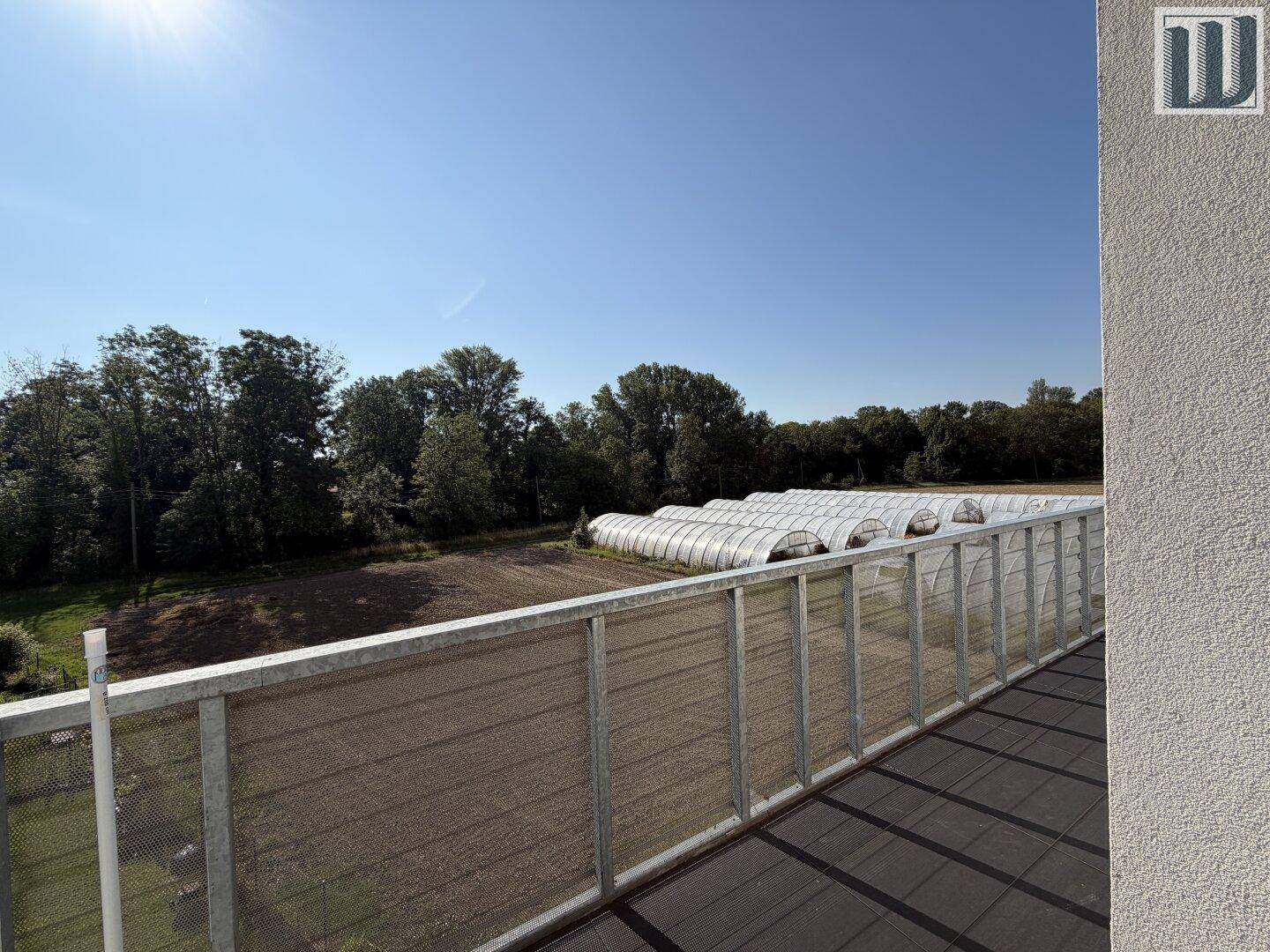 Sonniger Balkon mit Blick auf weite Felder und Gewächshäuser unter blauem Himmel.