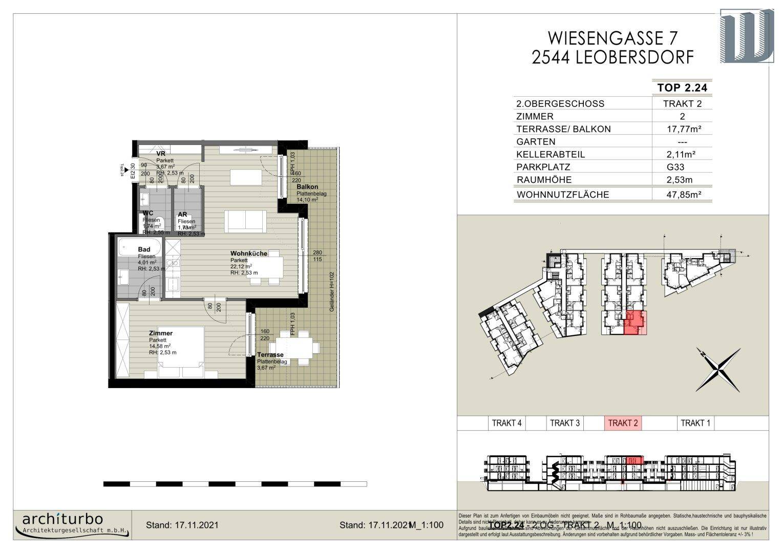 Grundriss der Wohnung Top 2.24 mit 47,85m² Wohnfläche und Balkon.