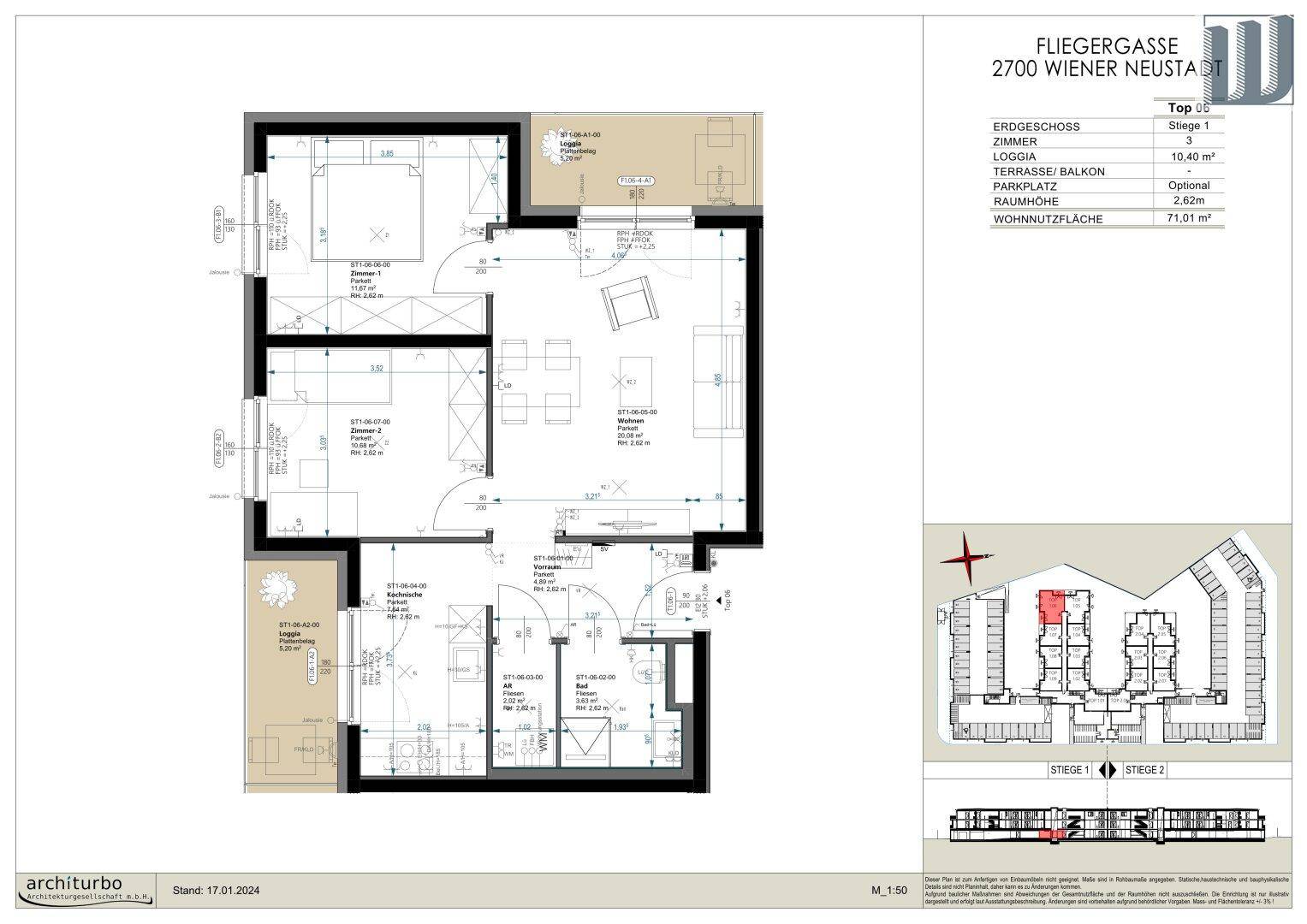 Detaillierter Grundriss einer Wohnung mit drei Zimmern und offener Wohnfläche von 71,01 m².