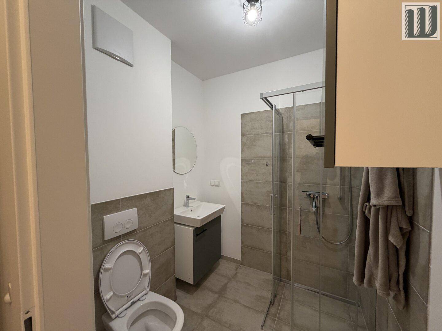 Modernes Badezimmer mit WC, Waschbecken und einer begehbaren Dusche, ausgestattet mit grauen Fliesen.