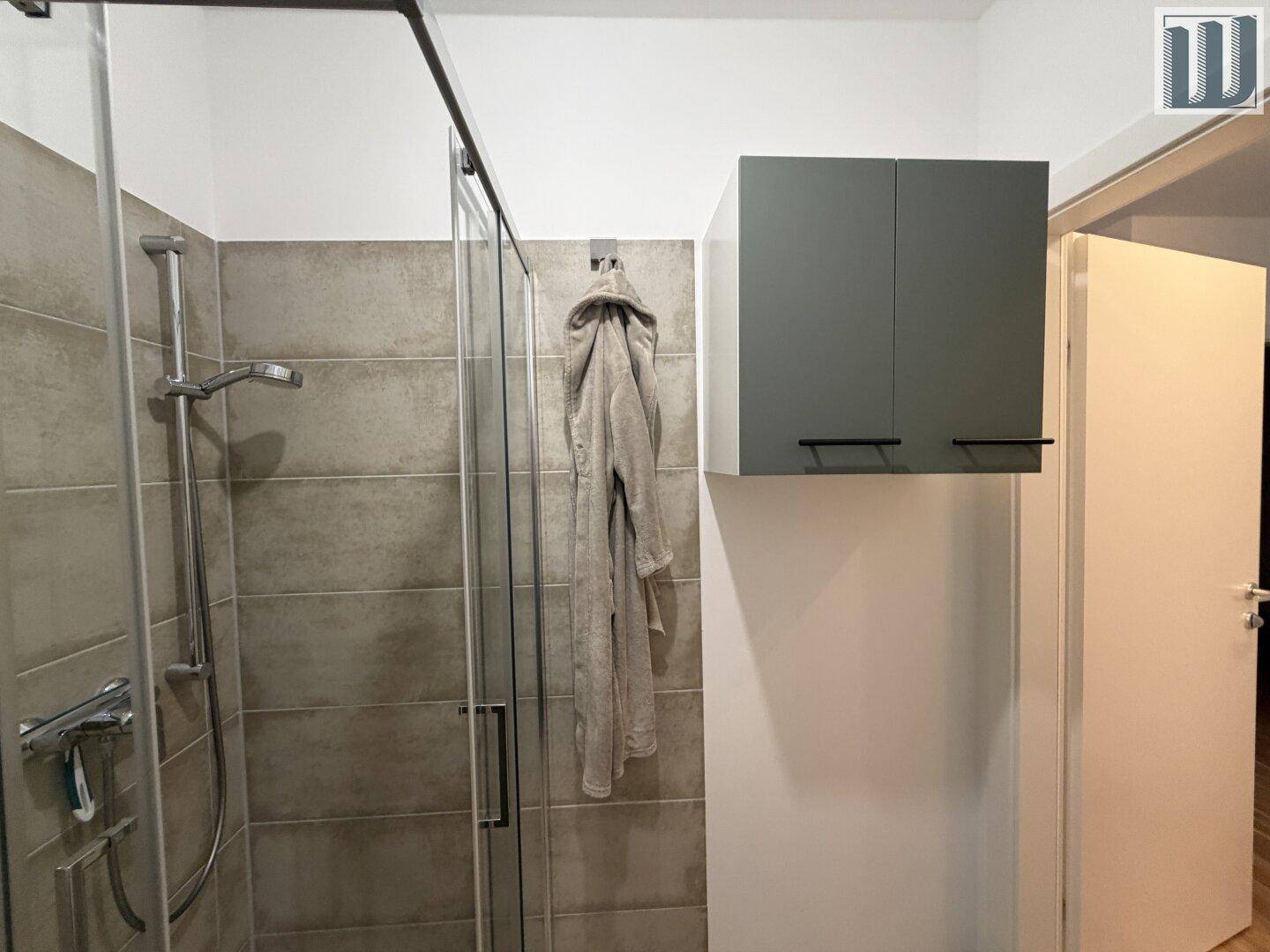 Detailansicht der begehbaren Dusche und eines grauen Hängeschranks im modernen Badezimmer.